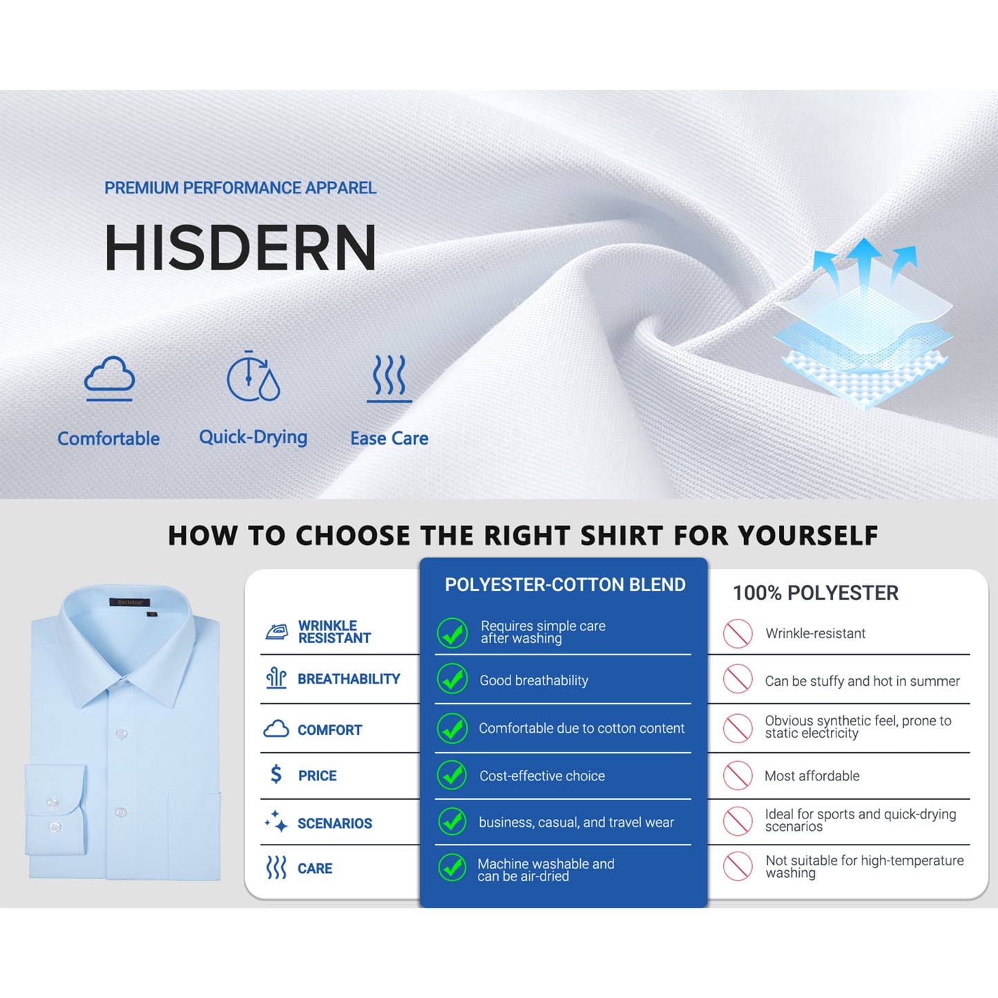HISDERN Mens Dress Shirts Long Sleeve Button Down Shirts Casual Solid Formal Business Shirt