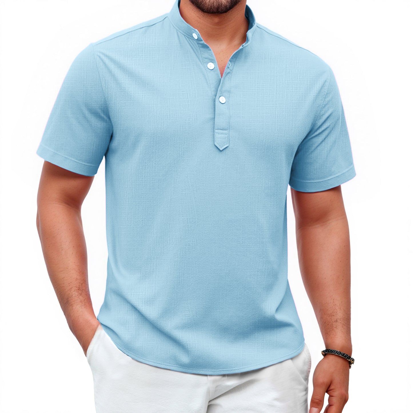 Mens Cotton Linen Henley Shirt Short Sleeve Casual Summer Beach Hippie Tee for Vacation