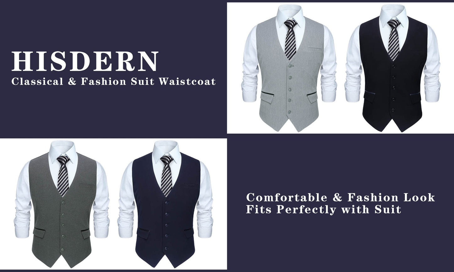 HISDERN Black Suit Vest for Men Classic Slim Fit V-Neck Waistcoat Formal Dress Vest for Weddings