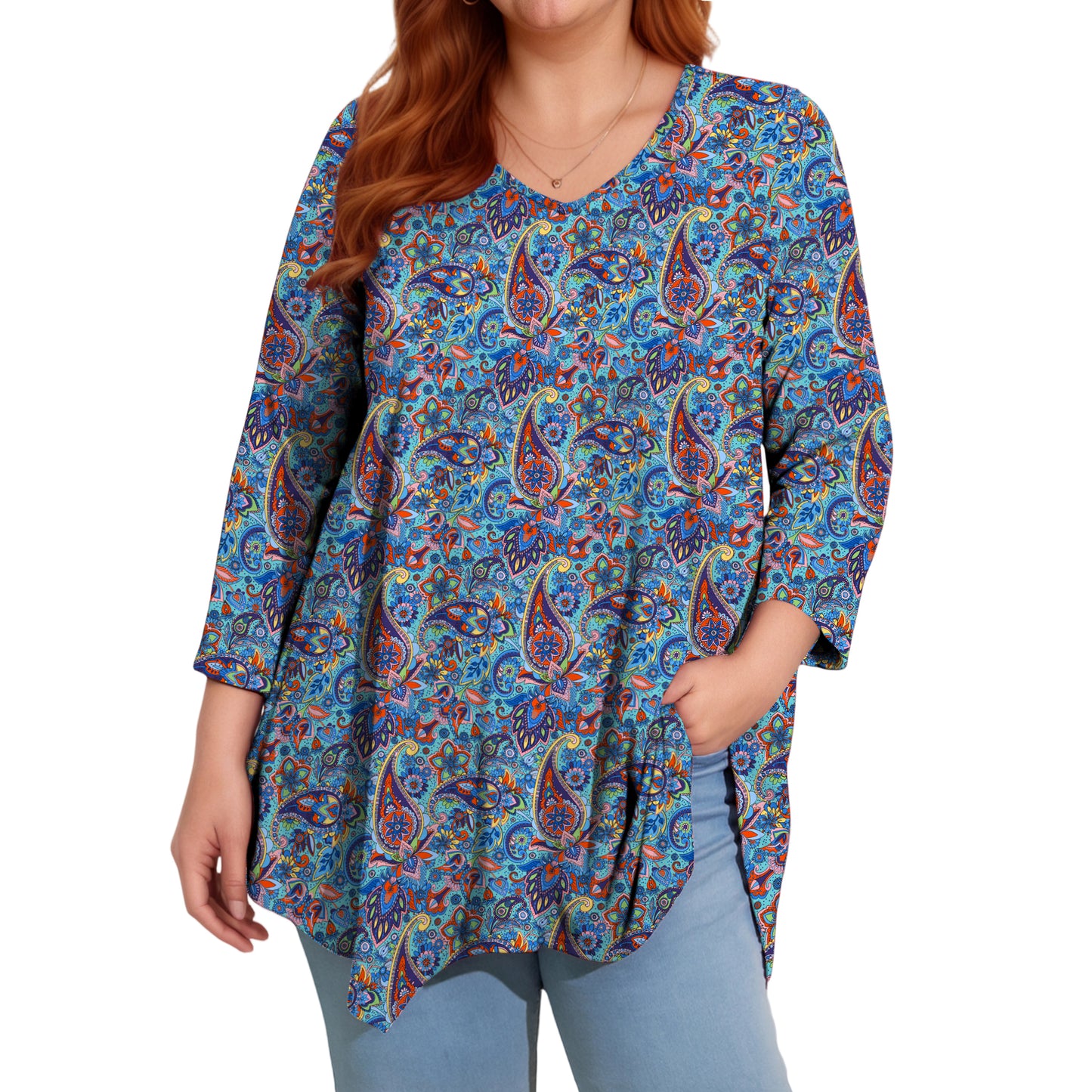 Sprinmer Womens Plus Size Blouses Casual 3/4 Sleeve Loose Fit Paisley Shirts for Leggings