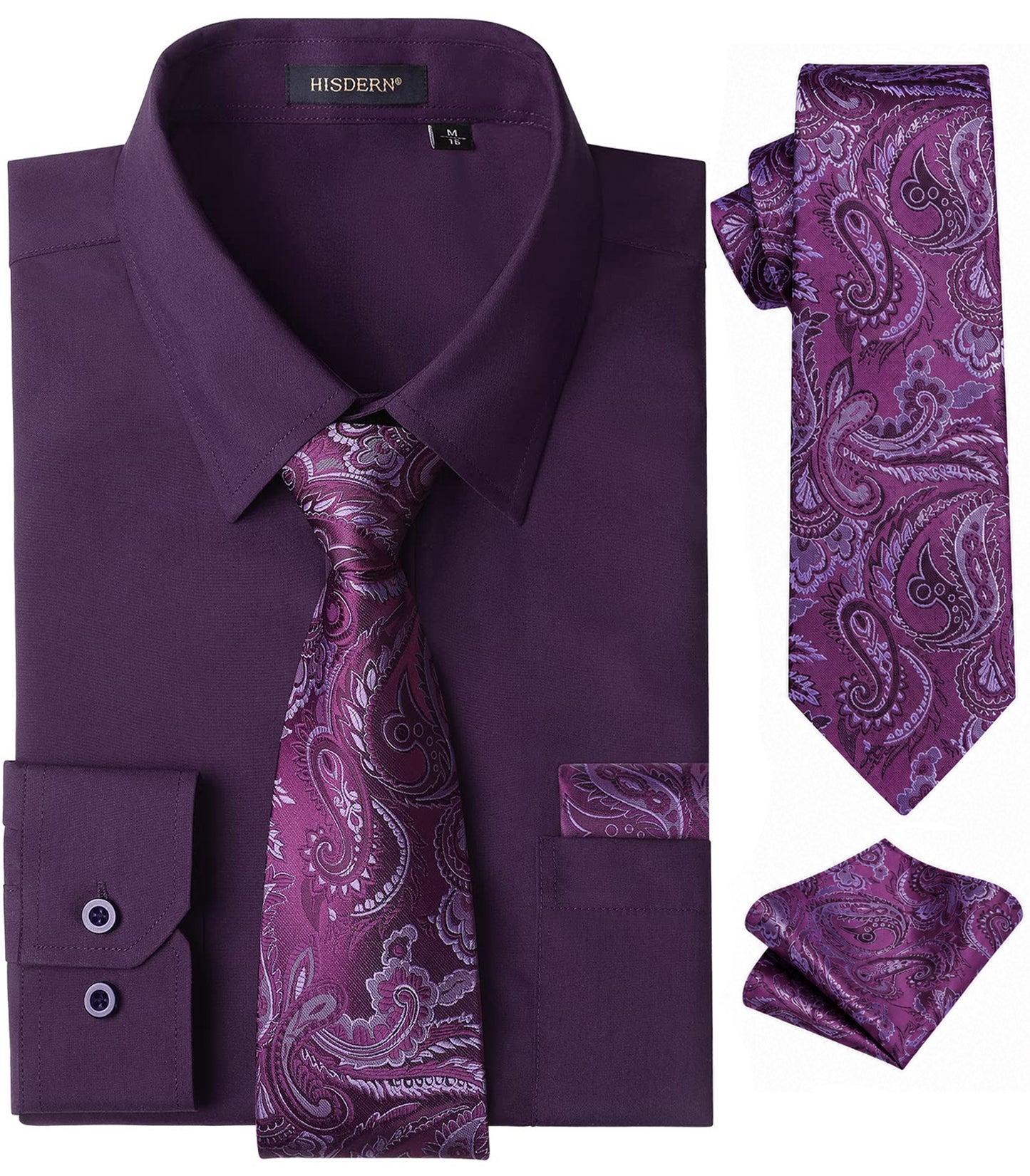HISDERN Mens Solid Dress Shirt Long Sleeve with Matching Tie & Handkerchief Set Button Down Shirts