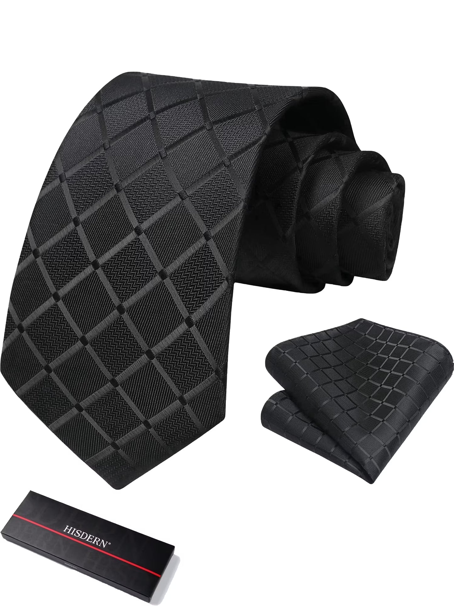 Black Plaid Mens Ties Handkerchief Elegant Formal Necktie & Pocket Square Set Wedding Ties for Men