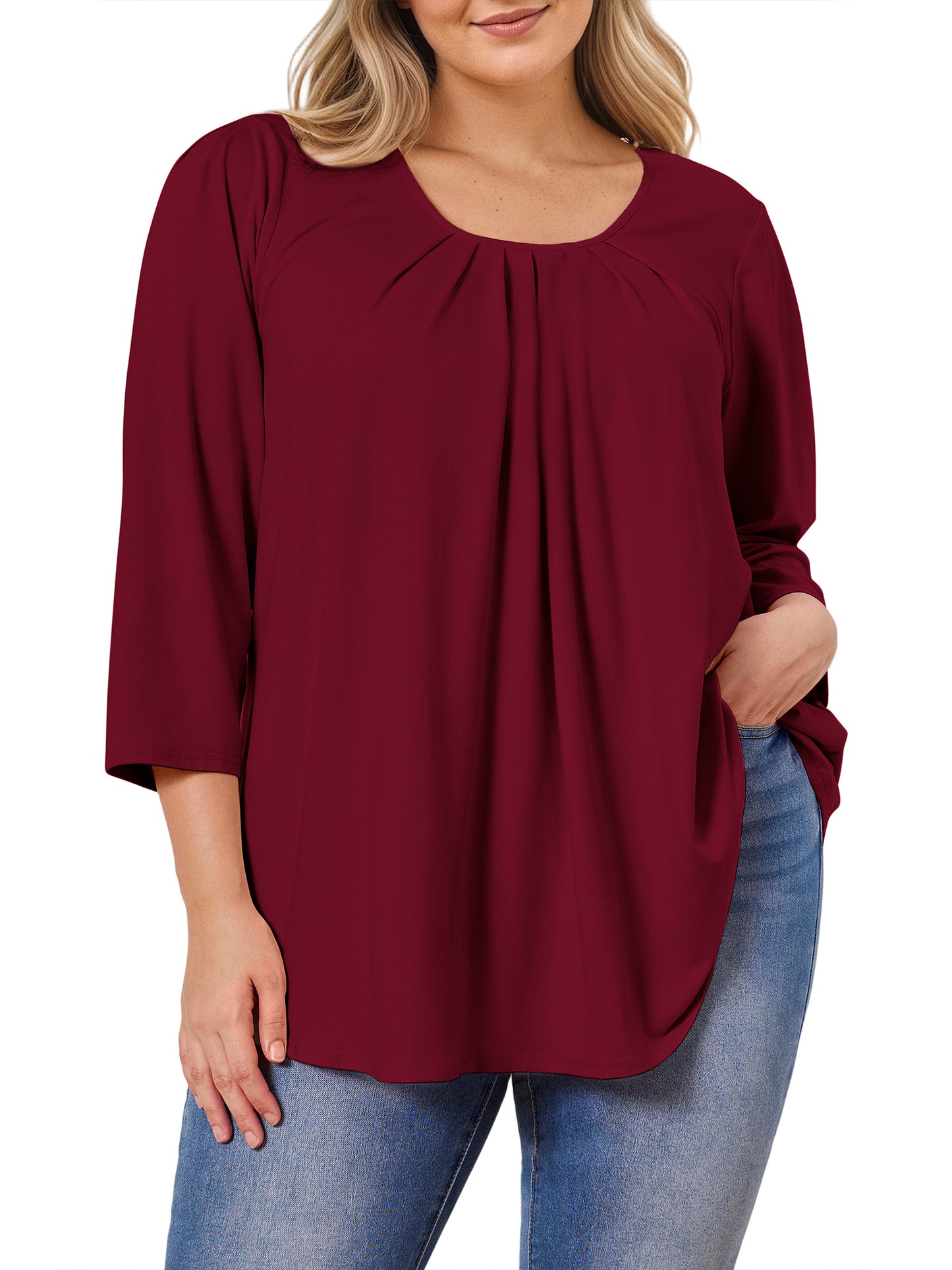 Sprinmer Plus Size Tops for Women Casual 3/4 Sleeve Blouses Loose Fit Pleated Tie-Dye Blue Shirt