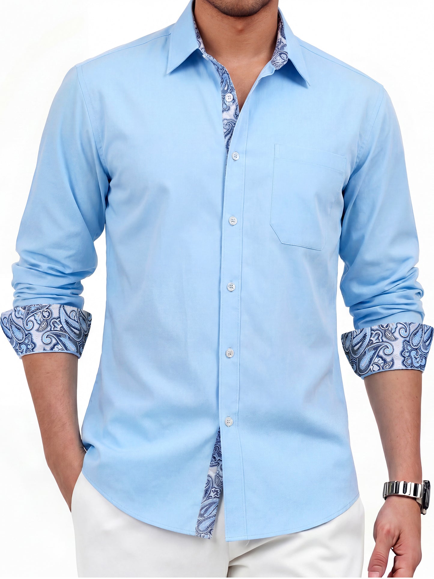 Mens Long Sleeve Dress Shirt Regular Fit Button Down with Inner Contrast for Weddings Business