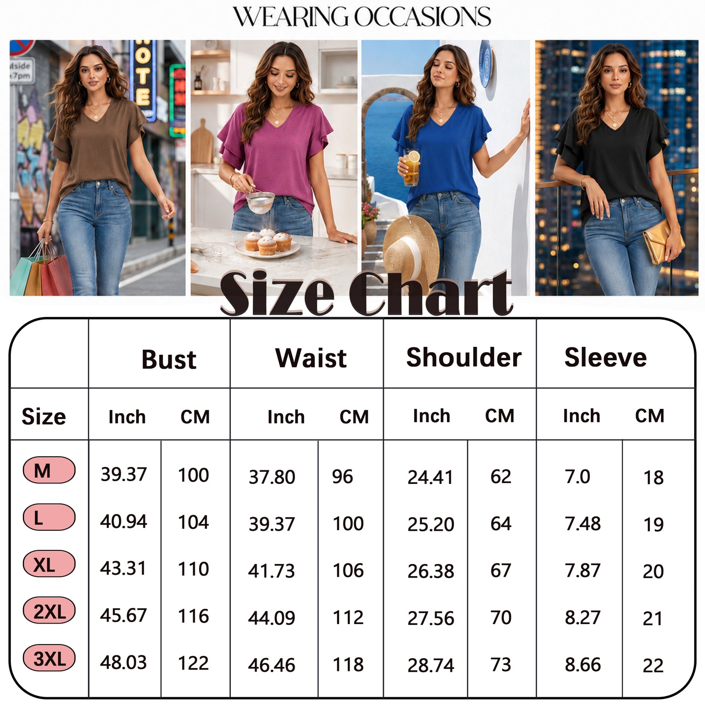 Sprinmer Summer Tops for Women Ruffle 3/4 Sleeve V Neck Top Double Tiered Bell Casual Dressy Blouses