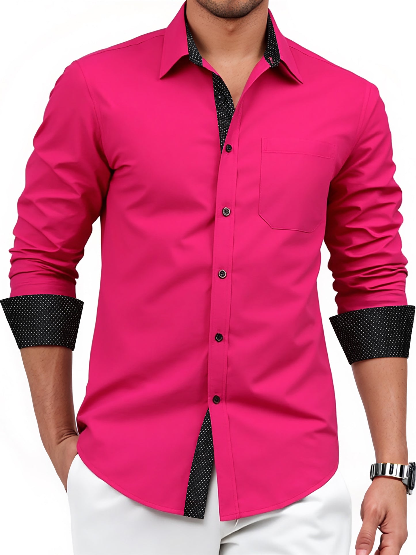Mens Long Sleeve Dress Shirt Regular Fit Button Down with Inner Contrast for Weddings Business