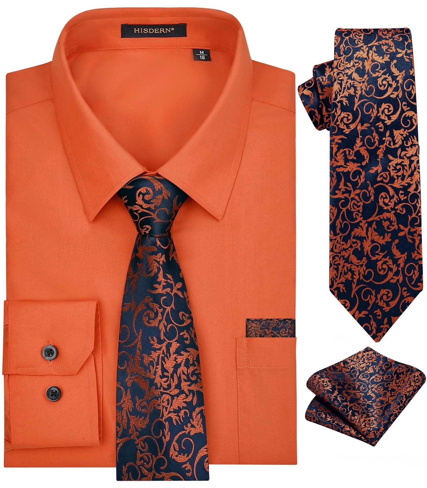 HISDERN Mens Solid Dress Shirt Long Sleeve with Matching Tie & Handkerchief Set Button Down Shirts