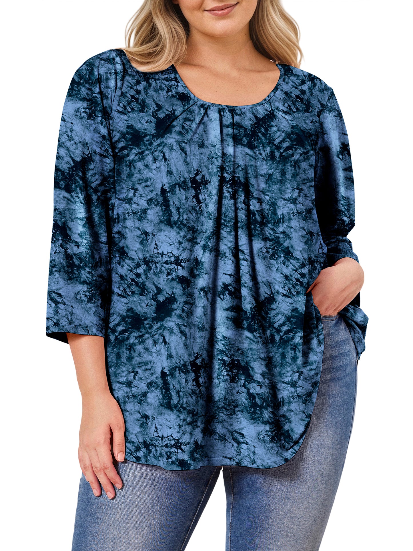Sprinmer Plus Size Tops for Women Casual 3/4 Sleeve Blouses Loose Fit Pleated Tie-Dye Blue Shirt