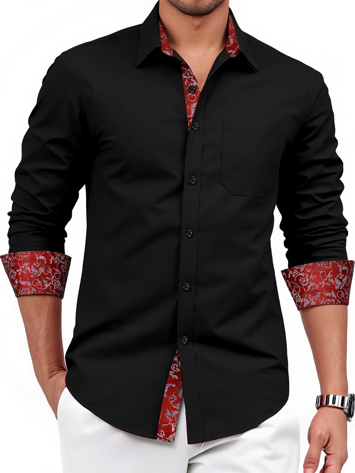 Mens Long Sleeve Dress Shirt Regular Fit Button Down with Inner Contrast for Weddings Business