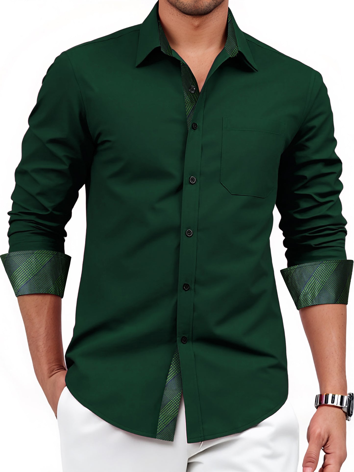 Mens Long Sleeve Dress Shirt Regular Fit Button Down with Inner Contrast for Weddings Business