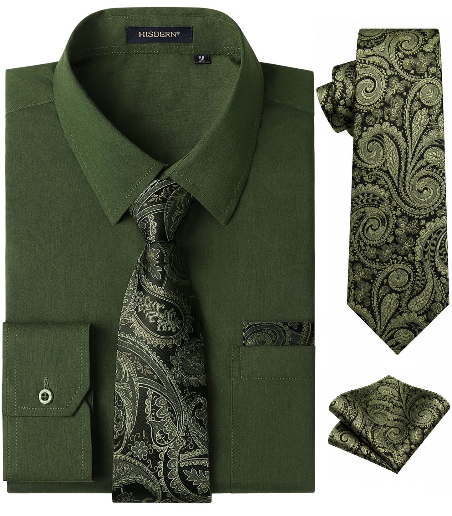 HISDERN Mens Solid Dress Shirt Long Sleeve with Matching Tie & Handkerchief Set Button Down Shirts