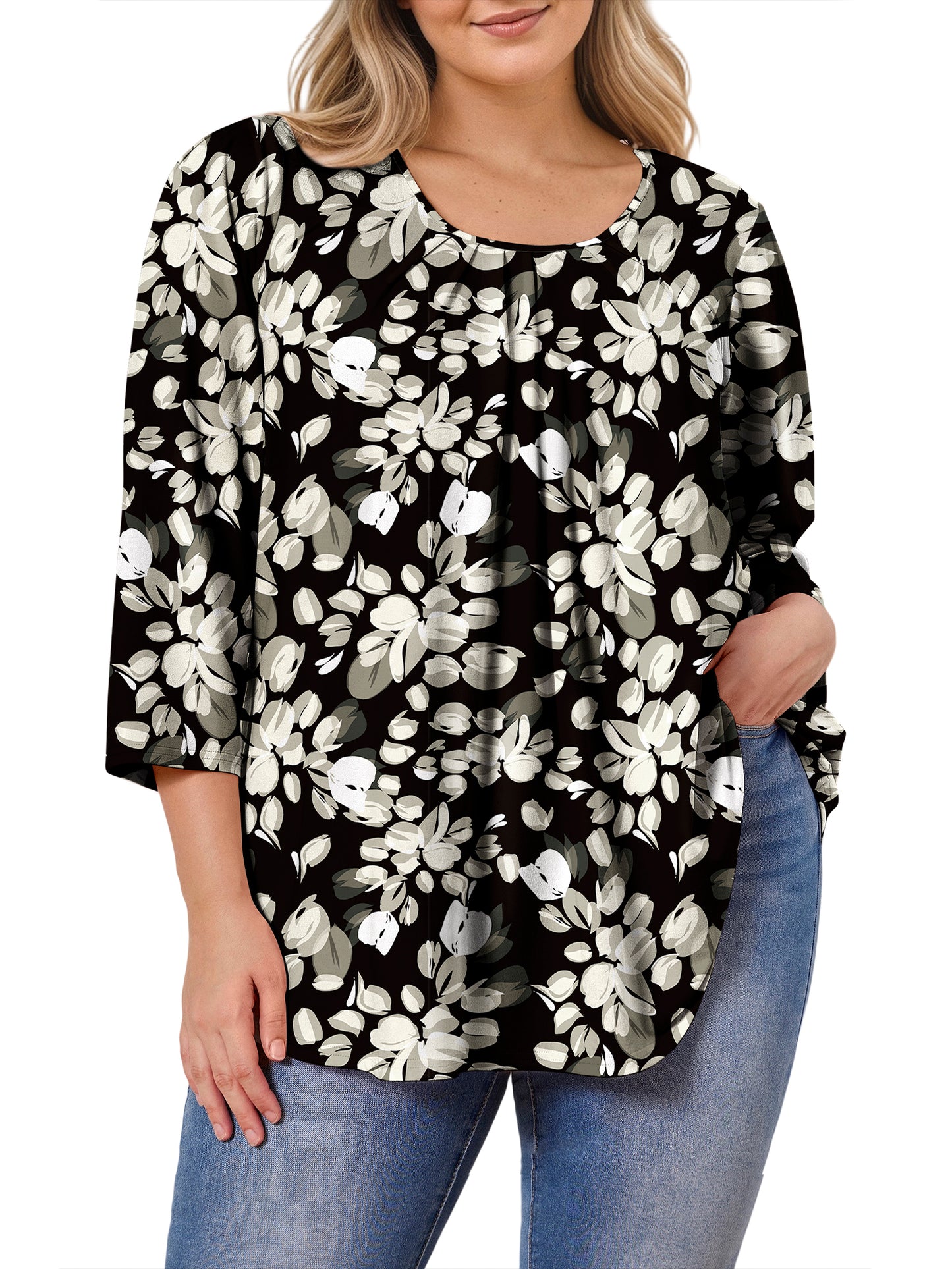 Sprinmer Plus Size Tops for Women Casual 3/4 Sleeve Blouses Loose Fit Pleated Tie-Dye Blue Shirt