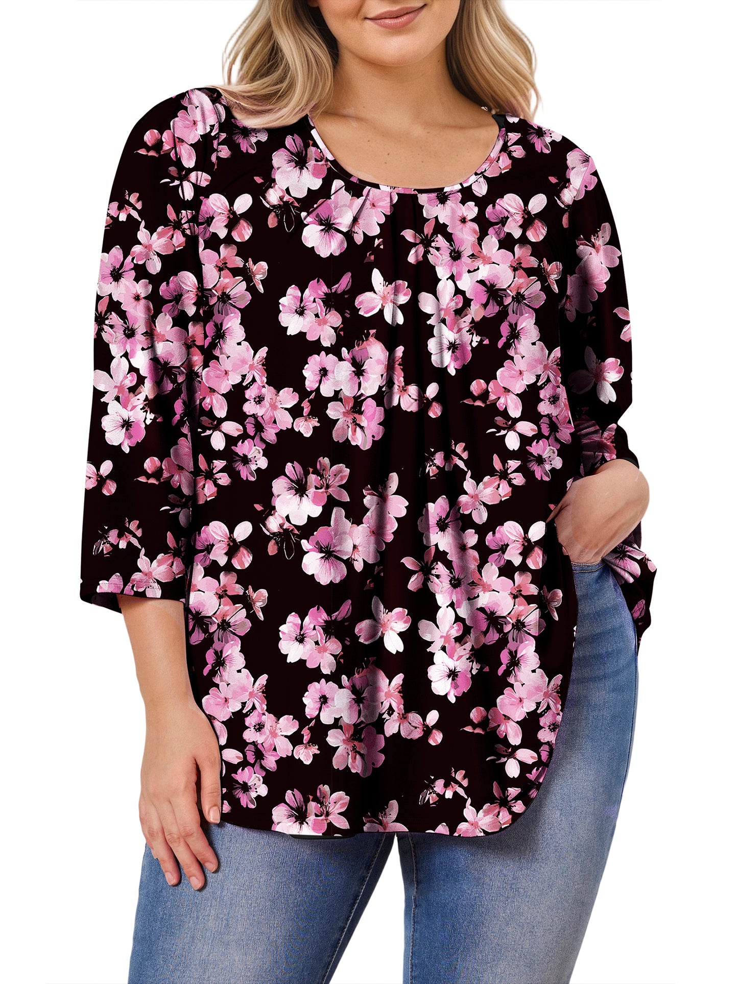 Sprinmer Plus Size Tops for Women Casual 3/4 Sleeve Blouses Loose Fit Pleated Tie-Dye Blue Shirt