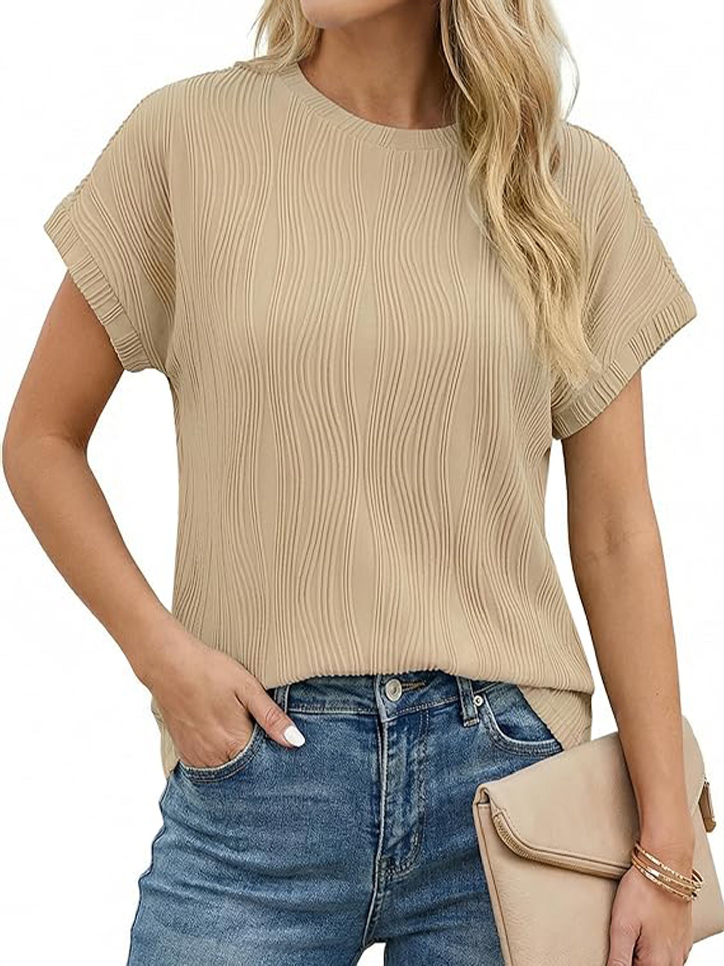 Sprinmer Womens Crewneck Textured Blouse Cap Sleeve Casual Summer Tops Solid Tee Shirt White L