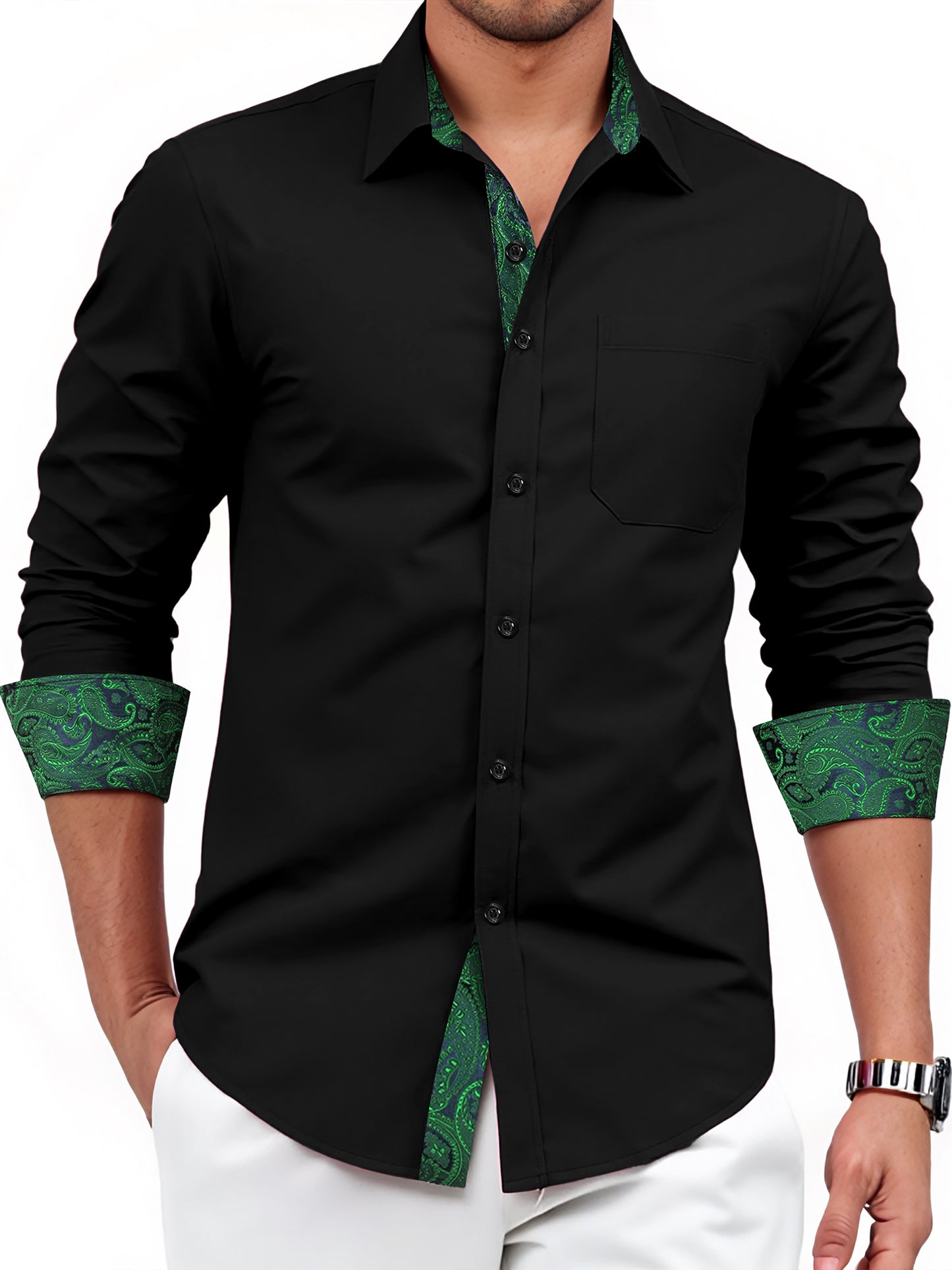 Mens Long Sleeve Dress Shirt Regular Fit Button Down with Inner Contrast for Weddings Business
