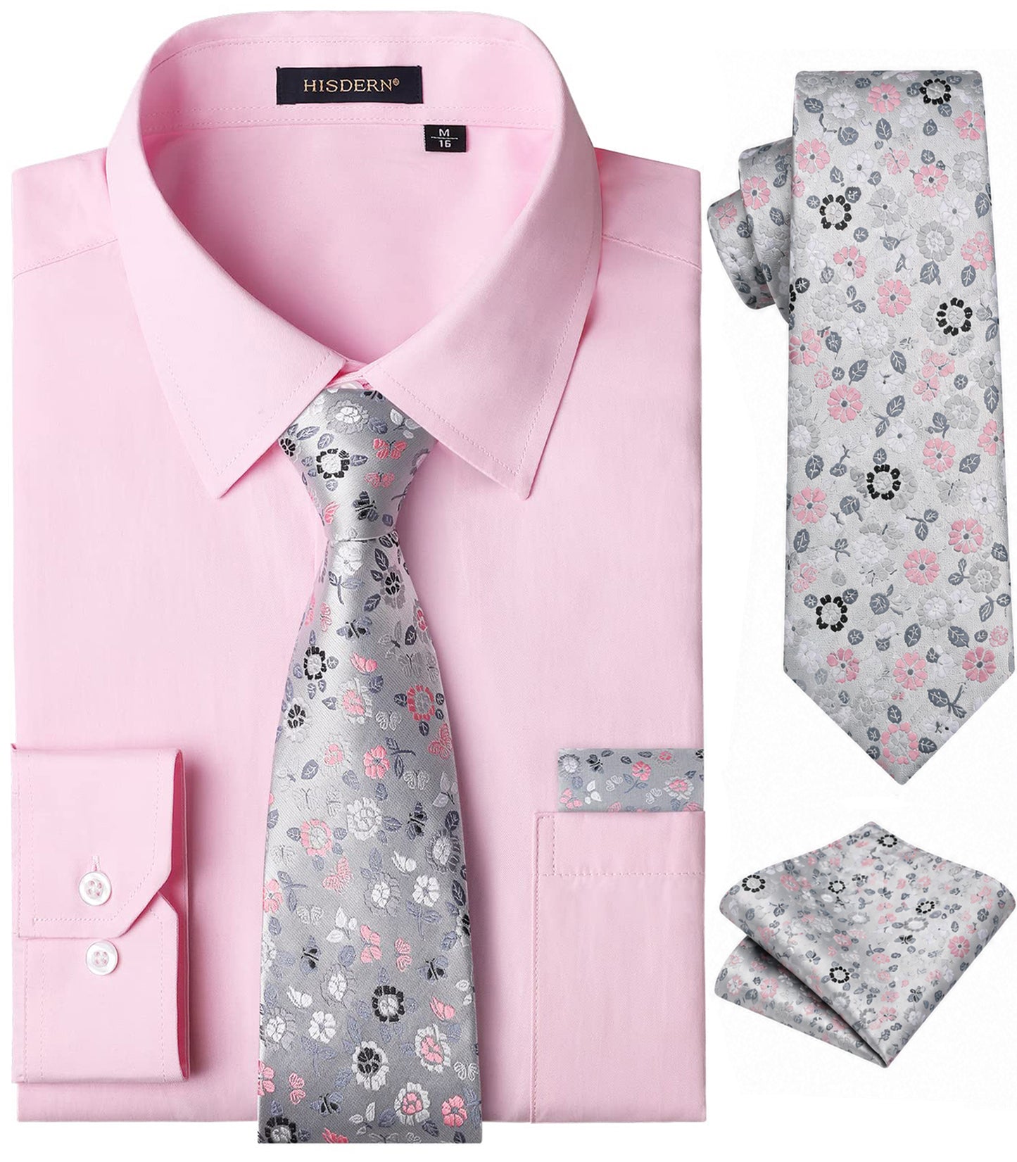 HISDERN Mens Solid Dress Shirt Long Sleeve with Matching Tie & Handkerchief Set Button Down Shirts