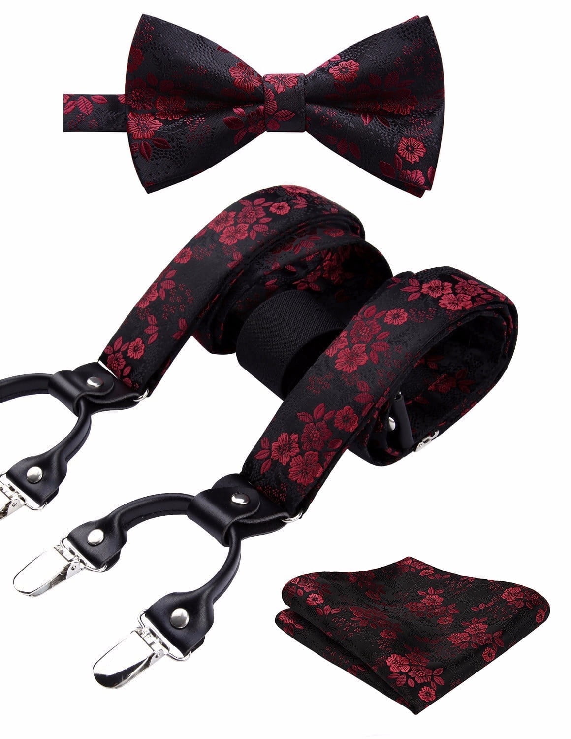 HISDERN Floral Bow Tie and Suspenders for Men Suspender and Bowtie Handkerchief Set Wedding Brace