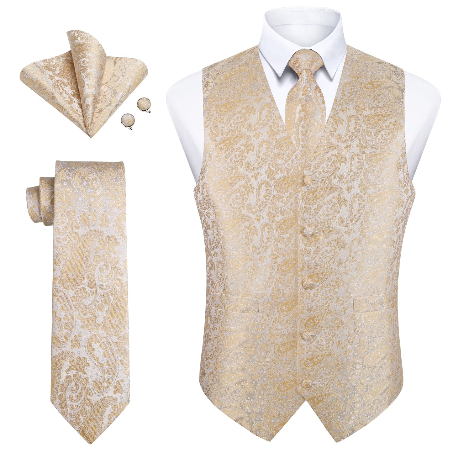 Men's Suit Vest Formal Red Paisley Jacquard Tie Pocket Square Cufflink ...