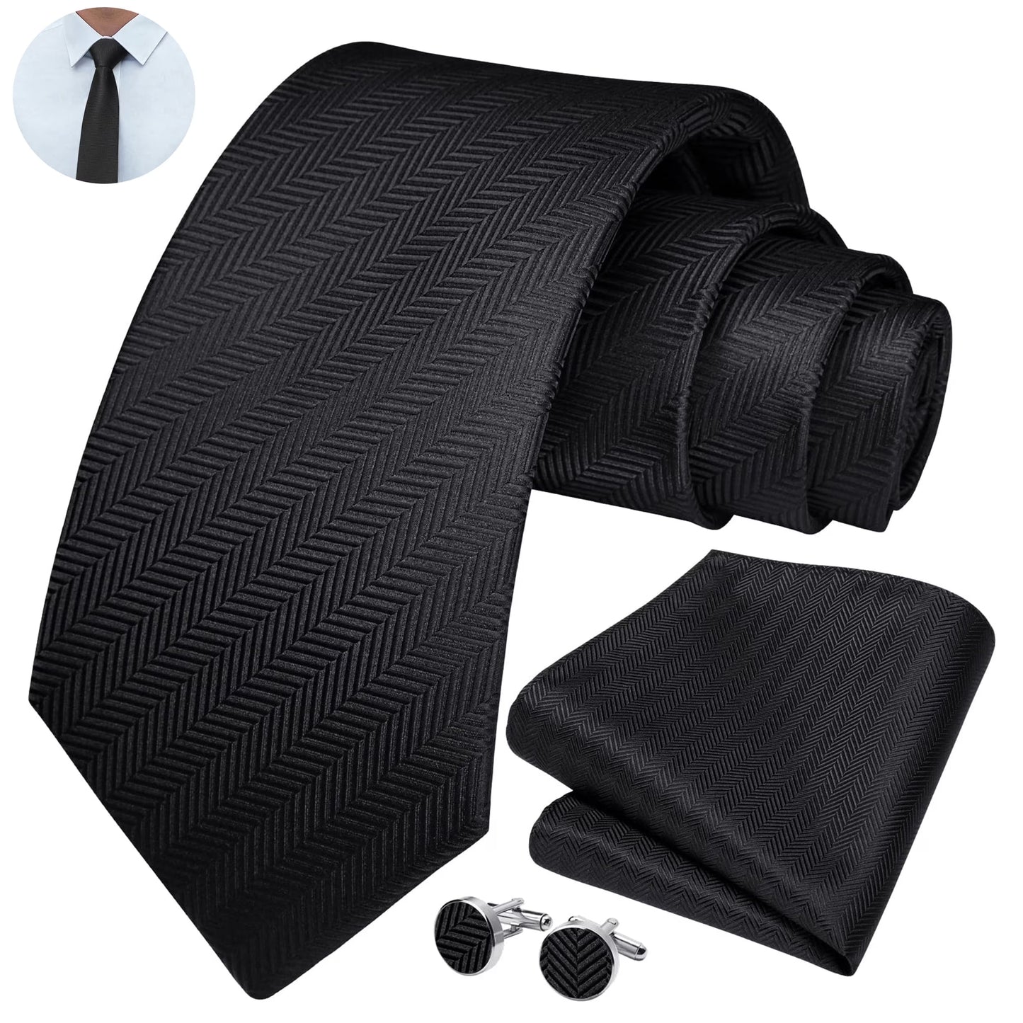 Mens Solid Color Necktie and Pocket Square with Tie Cufflinks Sets for Wedding Party Ties
