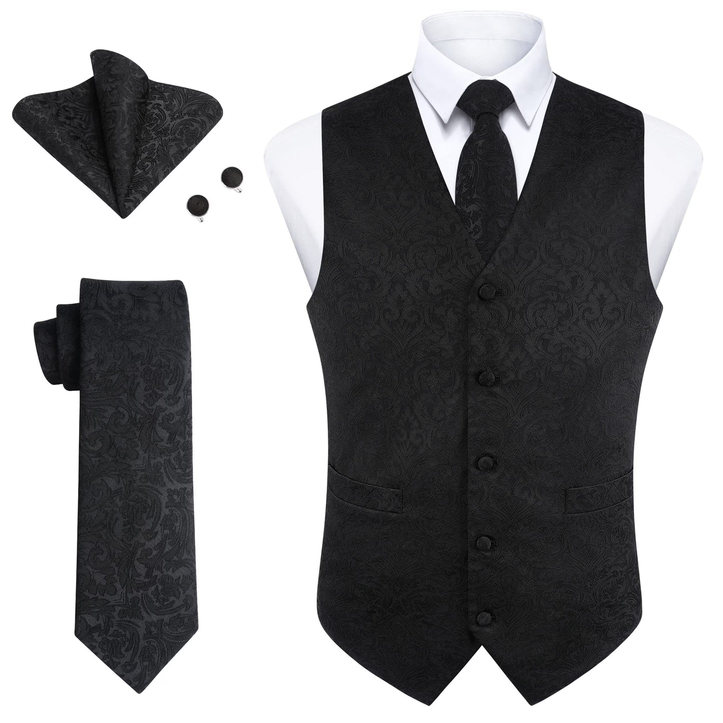 Men's Suit Vest Formal Red Paisley Jacquard Tie Pocket Square Cufflink ...