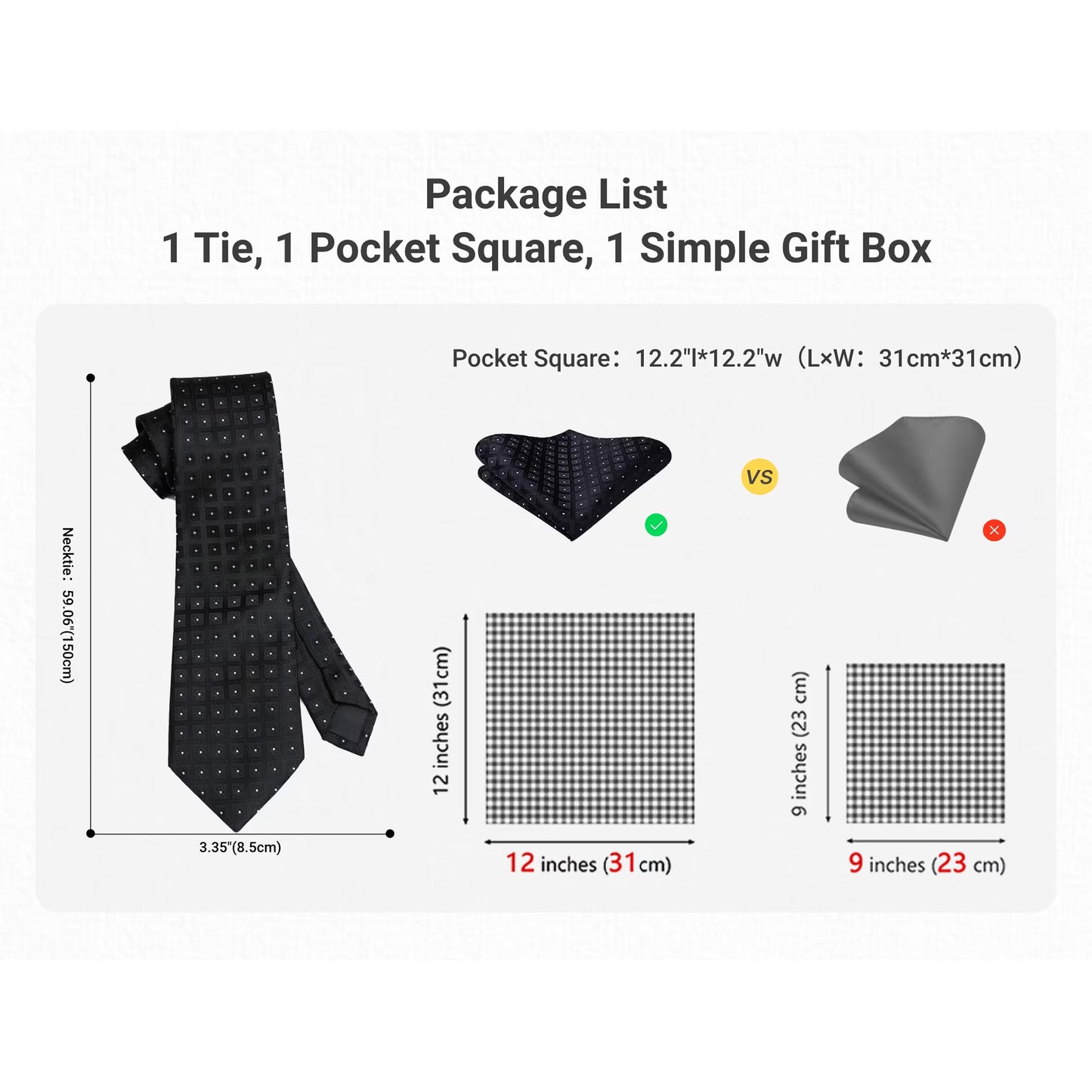 Black Plaid Mens Ties Handkerchief Elegant Formal Necktie & Pocket Square Set Wedding Ties for Men
