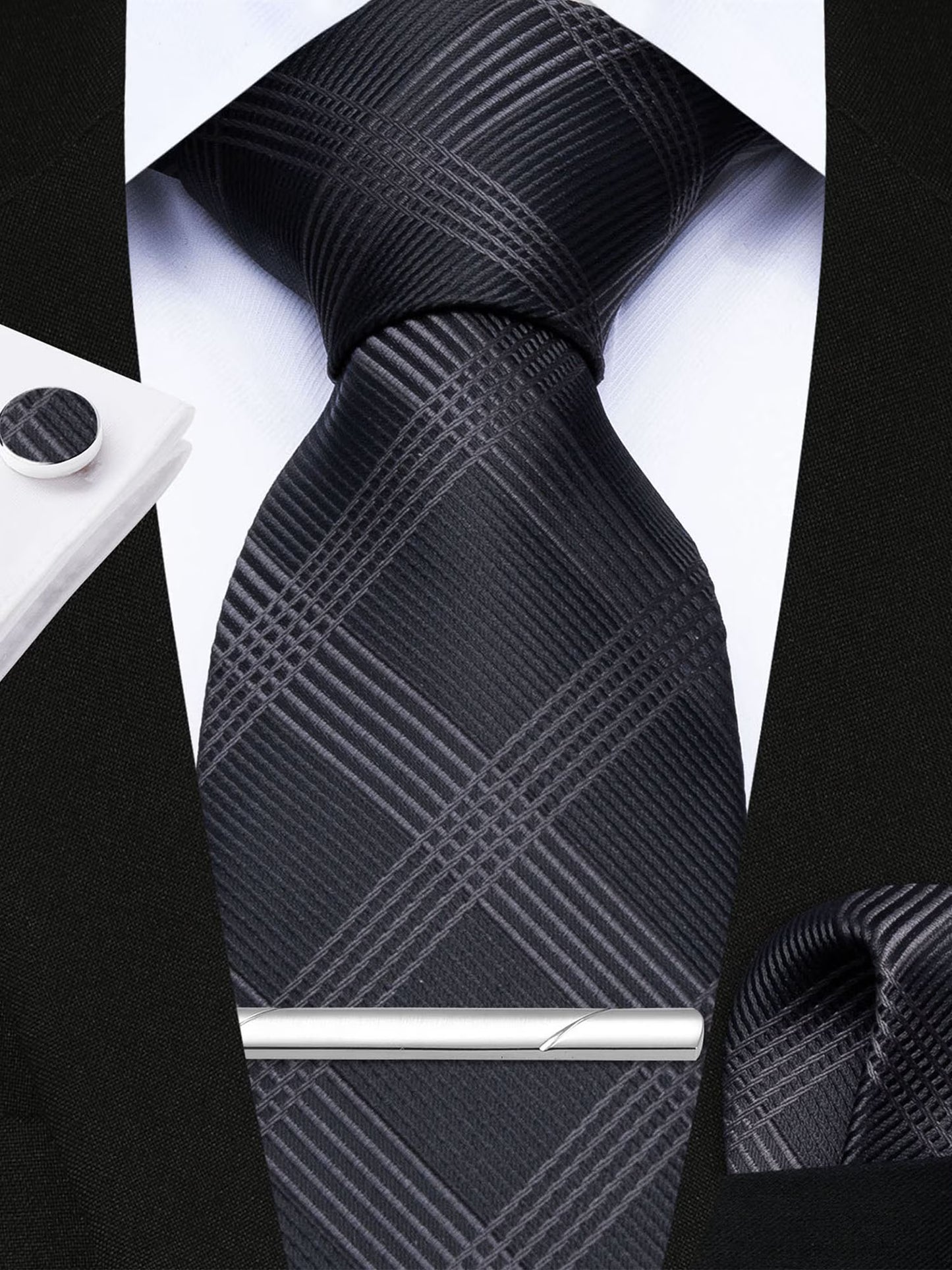 Men Formal Plaid Ties Set Business Neckties Pocket Square Cufflinks Tie Clip Set Wedding