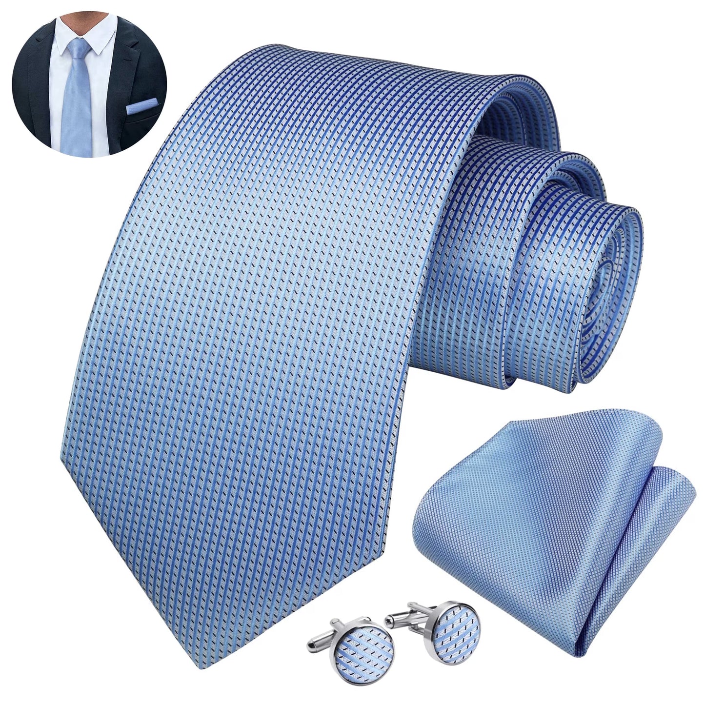 Mens Solid Color Necktie and Pocket Square with Tie Cufflinks Sets for Wedding Party Ties