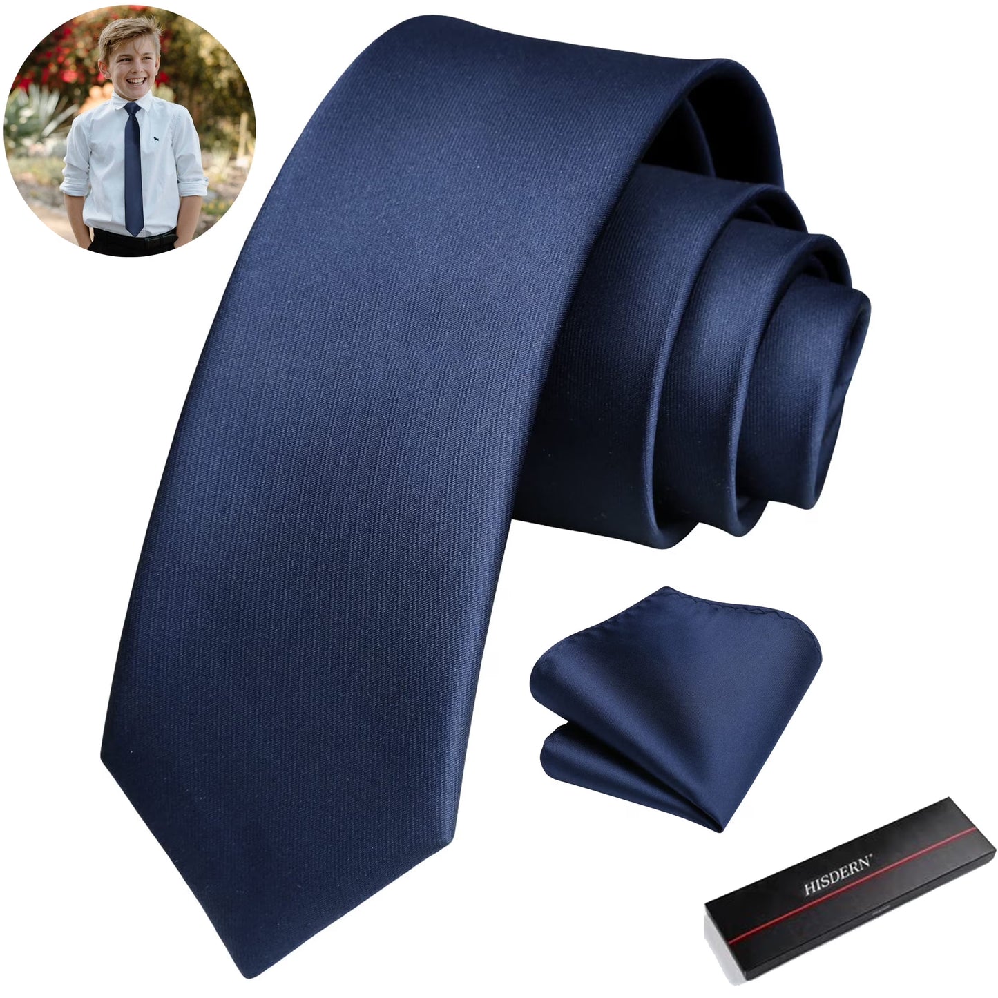 Ties for Boys Solid Color Kids Necktie and Pocket Square Set for Age 8-14,49" Neck Tie