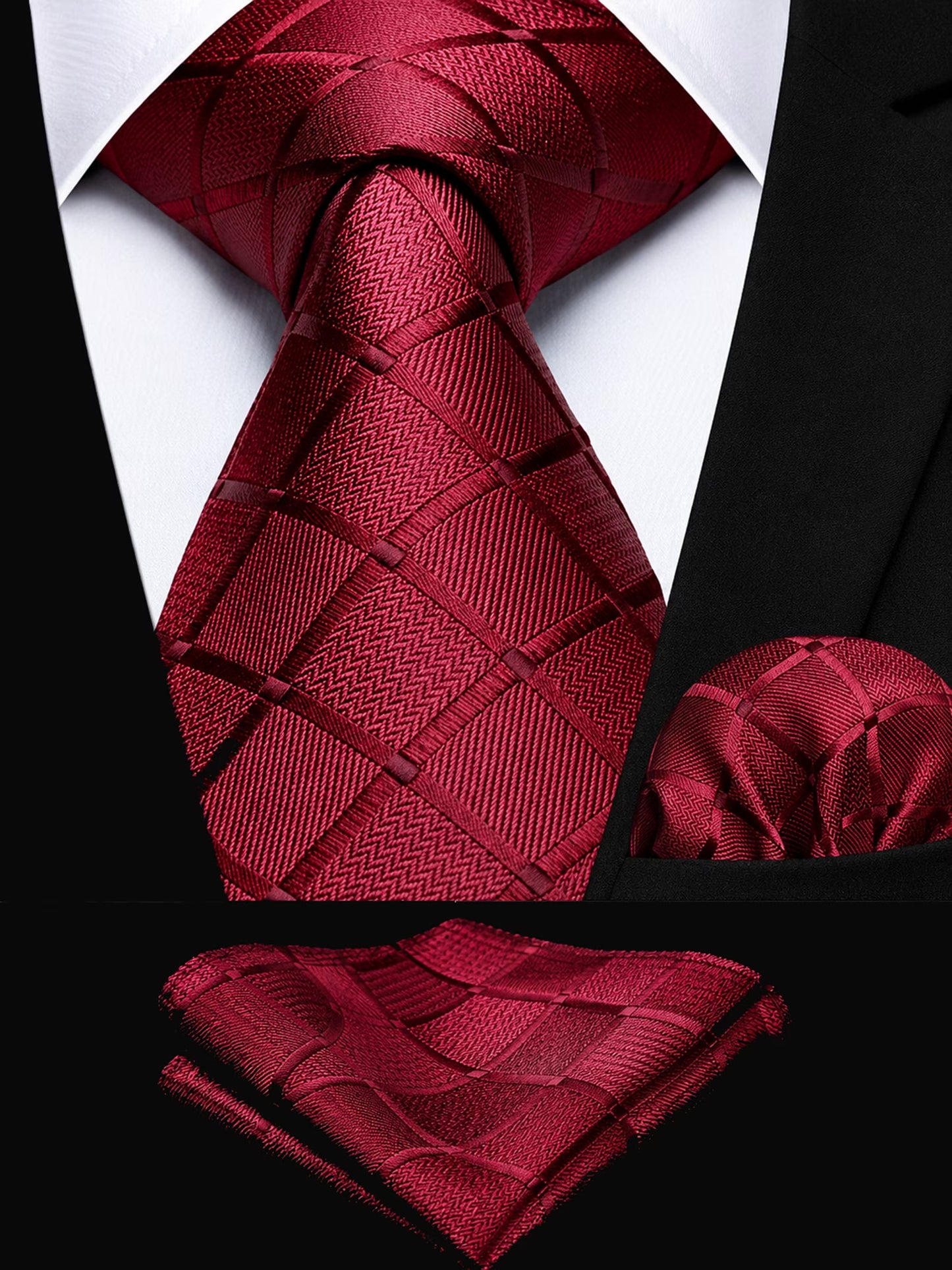 Black Plaid Mens Ties Handkerchief Elegant Formal Necktie & Pocket Square Set Wedding Ties for Men