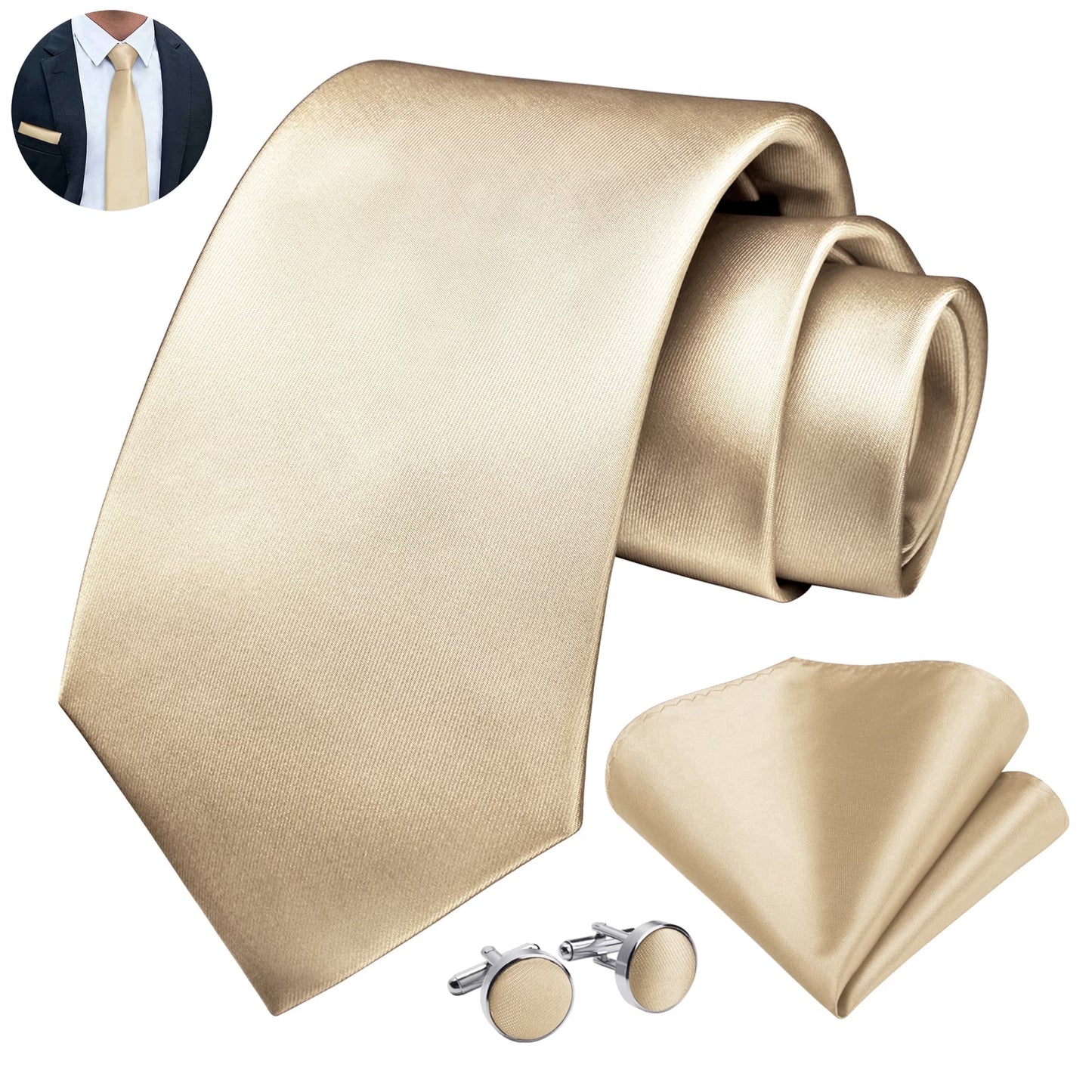 Mens Solid Color Necktie and Pocket Square with Tie Cufflinks Sets for Wedding Party Ties