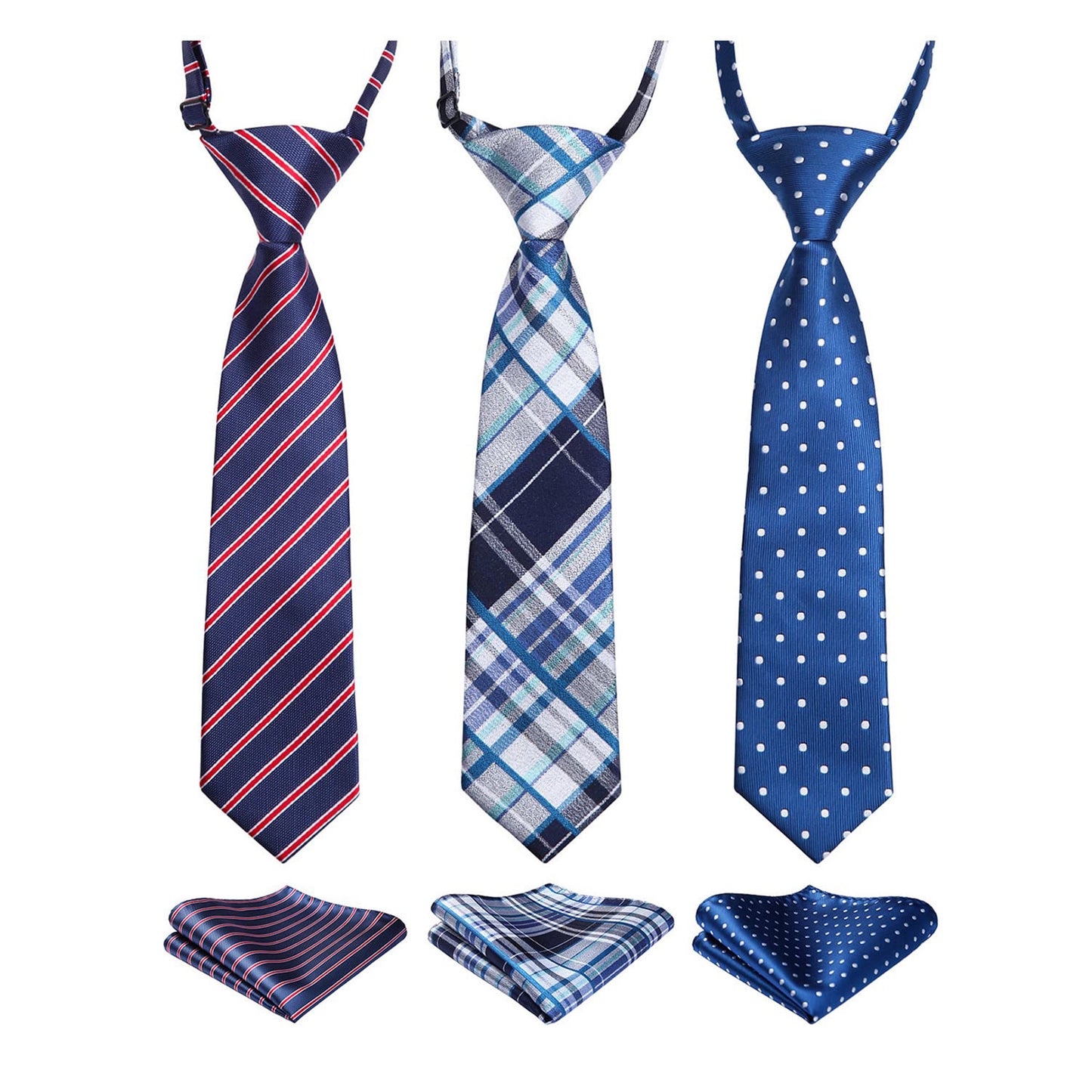 3pcs Boys Pre-Tied Neckties & Pocket Square Set Adjustable Neck Strap Tie for Kids School Boys Ties