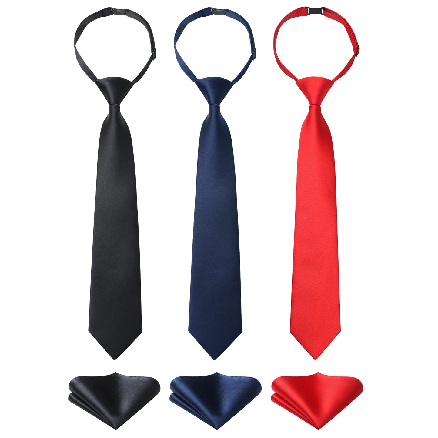 3pcs Boys Pre-Tied Neckties & Pocket Square Set Adjustable Neck Strap Tie for Kids School Boys Ties