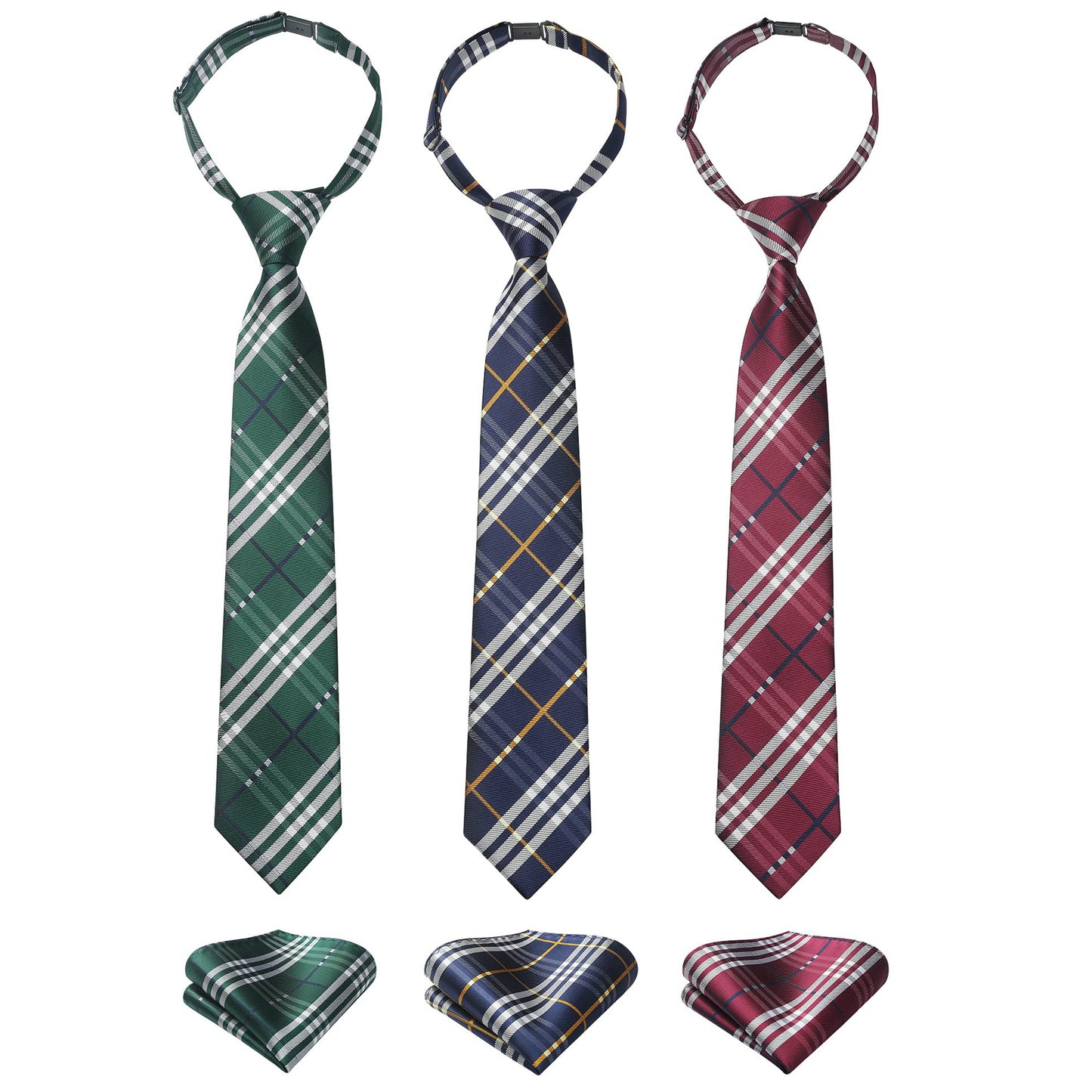 3pcs Boys Pre-Tied Neckties & Pocket Square Set Adjustable Neck Strap Tie for Kids School Boys Ties