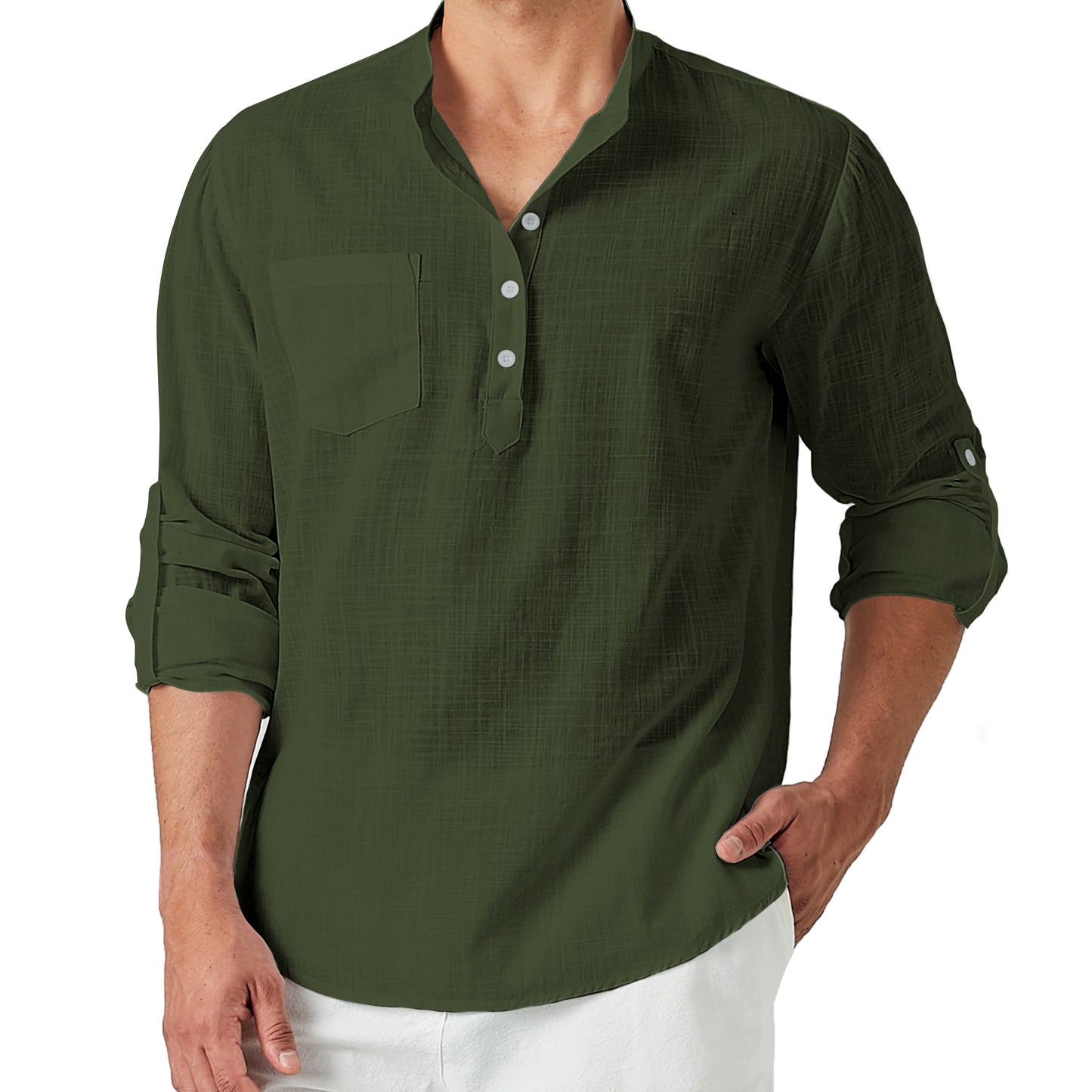 Mens Linen Henley Shirt Cotton Long Sleeve Casual Tee Band Collar Top Summer Beach