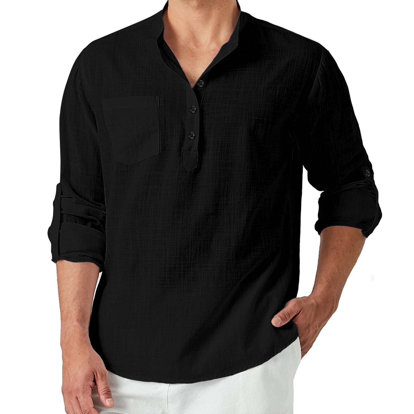 Mens Linen Henley Shirt Cotton Long Sleeve Casual Tee Band Collar Top Summer Beach
