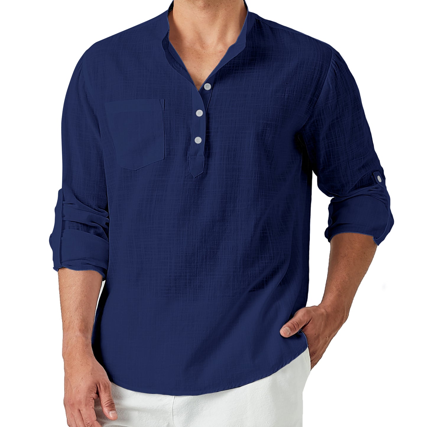 Mens Linen Henley Shirt Cotton Long Sleeve Casual Tee Band Collar Top Summer Beach