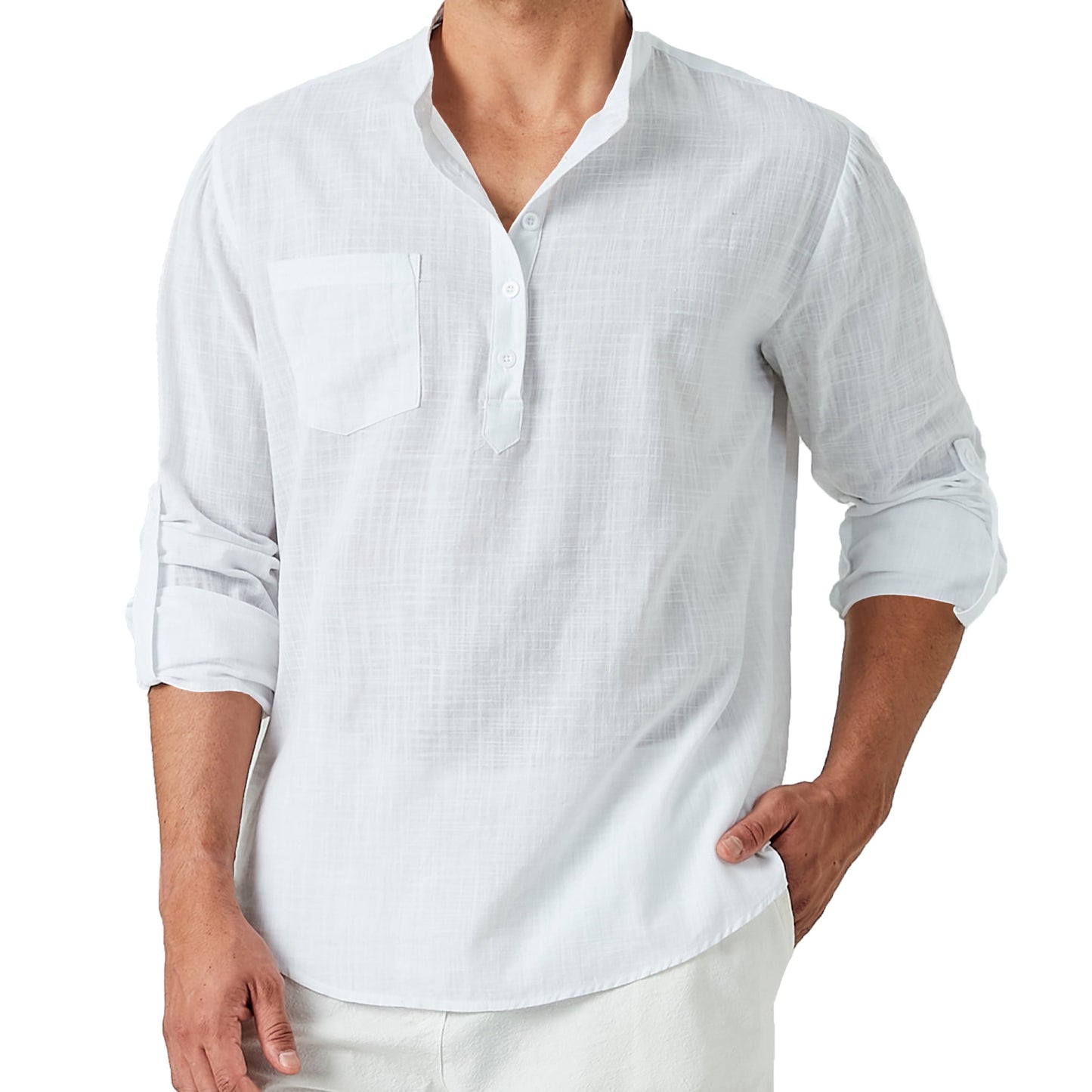 Mens Linen Henley Shirt Cotton Long Sleeve Casual Tee Band Collar Top Summer Beach