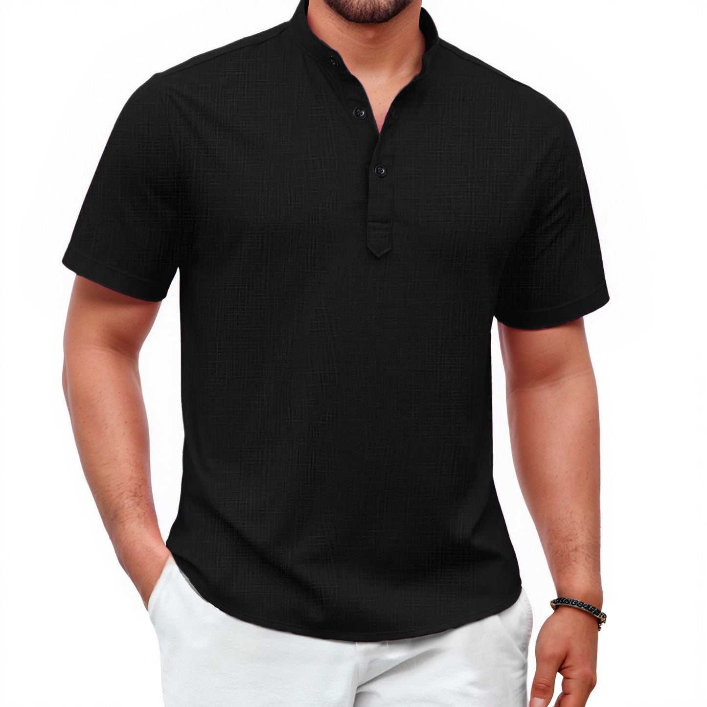 Mens Cotton Linen Henley Shirt Short Sleeve Casual Summer Beach Hippie Tee for Vacation