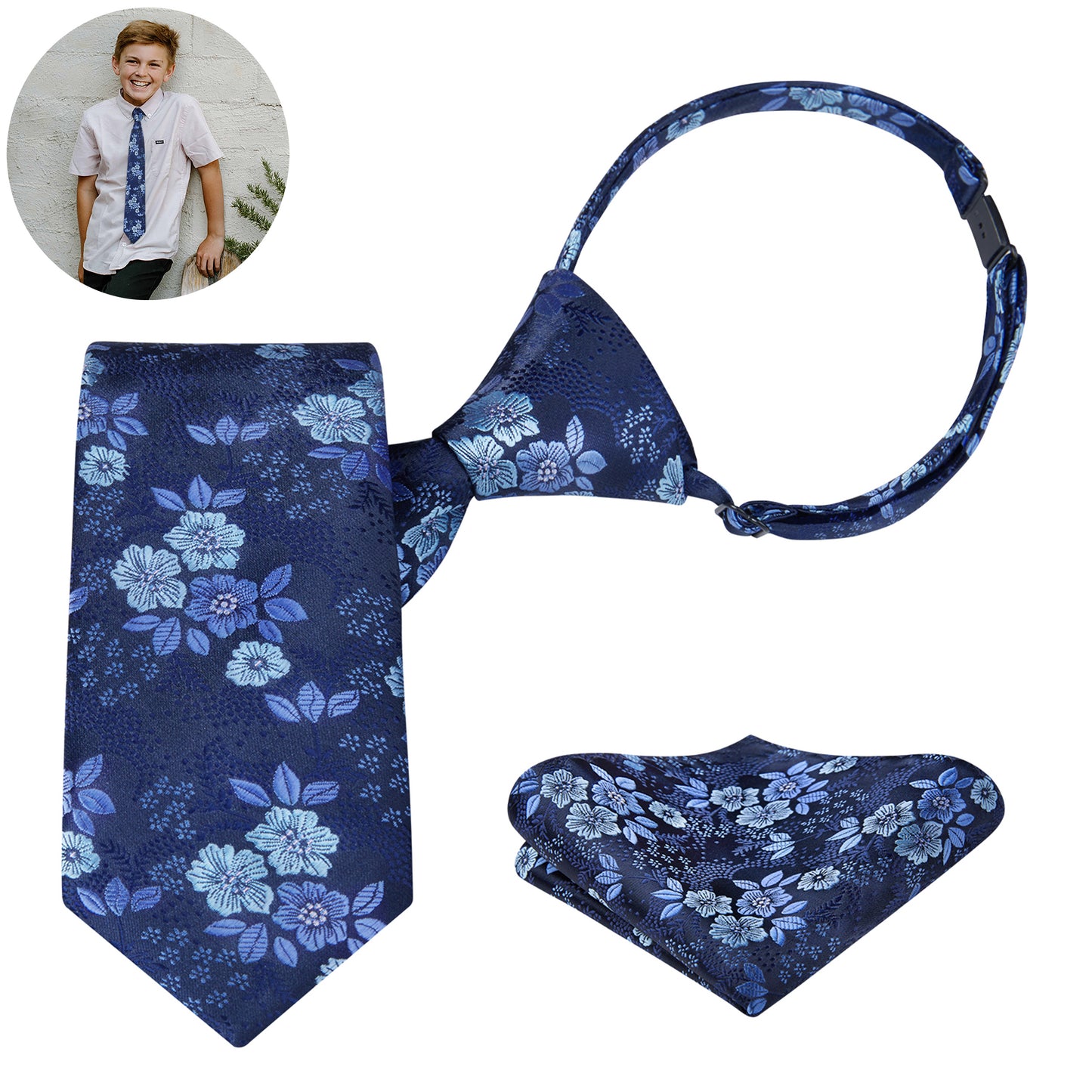 Boys Ties Pre-tied Neckties and Pocket Square Set Adjustable Tie for Kids Wedding Party