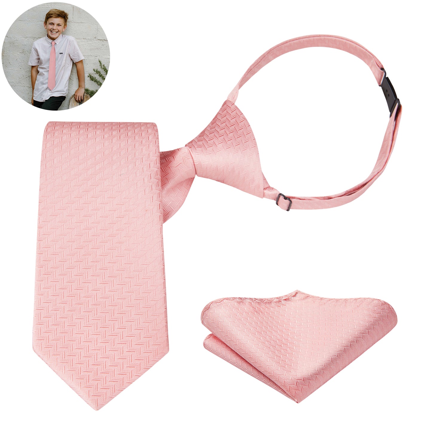 Boys Ties Pre-tied Neckties and Pocket Square Set Adjustable Tie for Kids Wedding Party