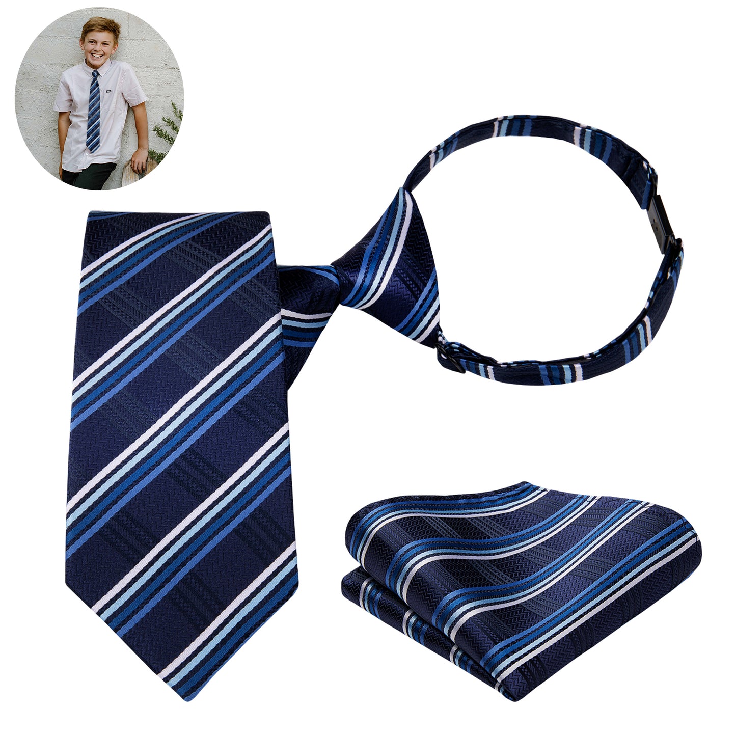 Boys Ties Pre-tied Neckties and Pocket Square Set Adjustable Tie for Kids Wedding Party