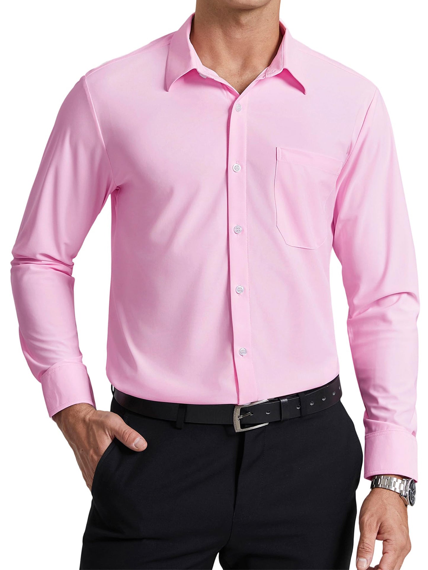 Mens Long Sleeve Dress Shirts Stretch Business Shirt Button Down Wrinkle Free Formal Shirts
