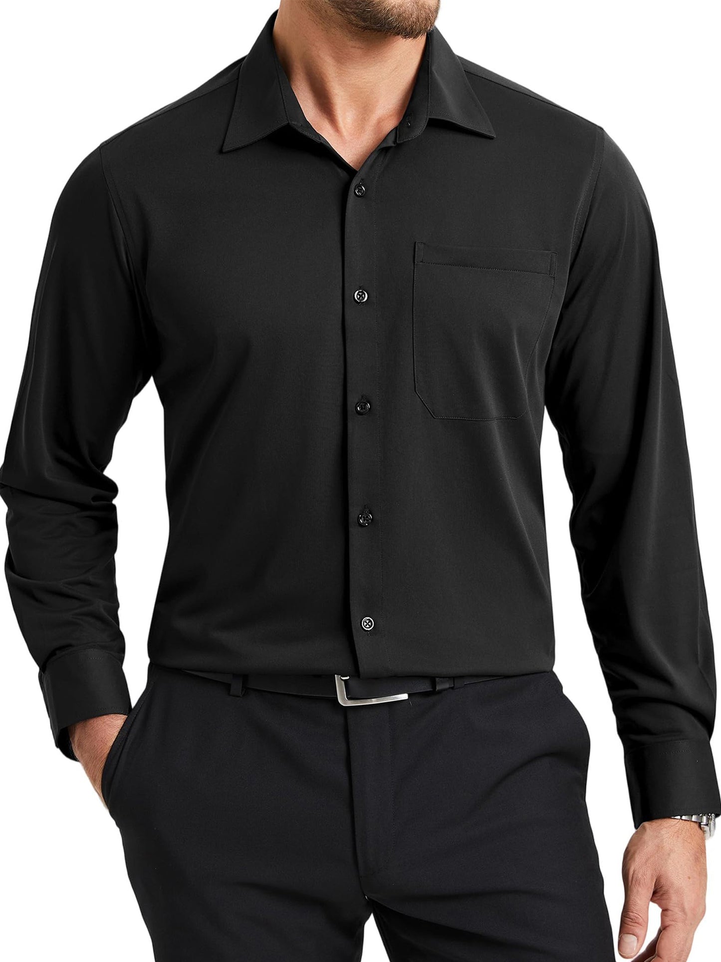 Mens Long Sleeve Dress Shirts Stretch Business Shirt Button Down Wrinkle Free Formal Shirts