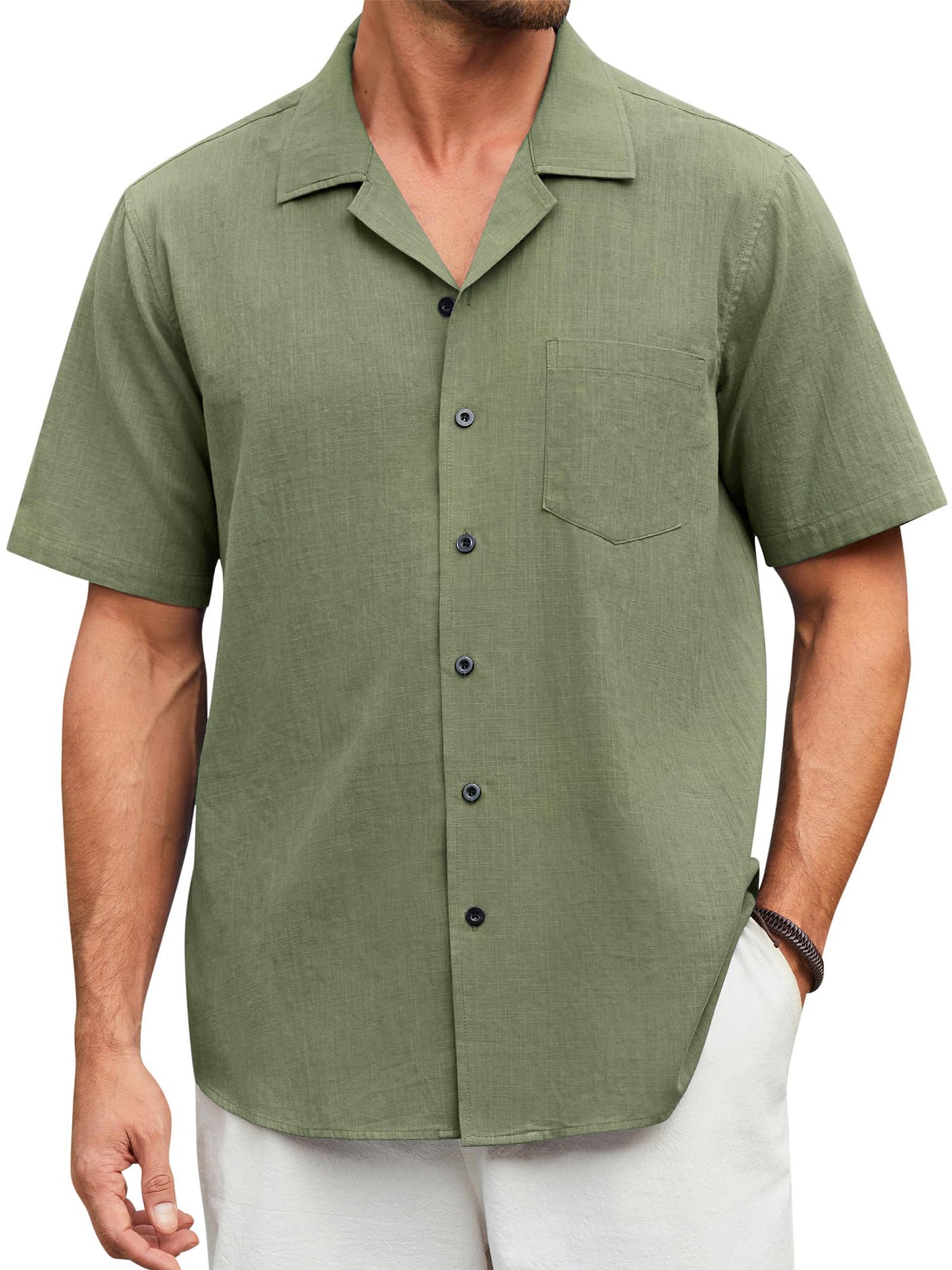 Men Linen Shirts Casual Short Sleeve Button Down Shirts Summer Beach Hawaiian Shirt with Pocket