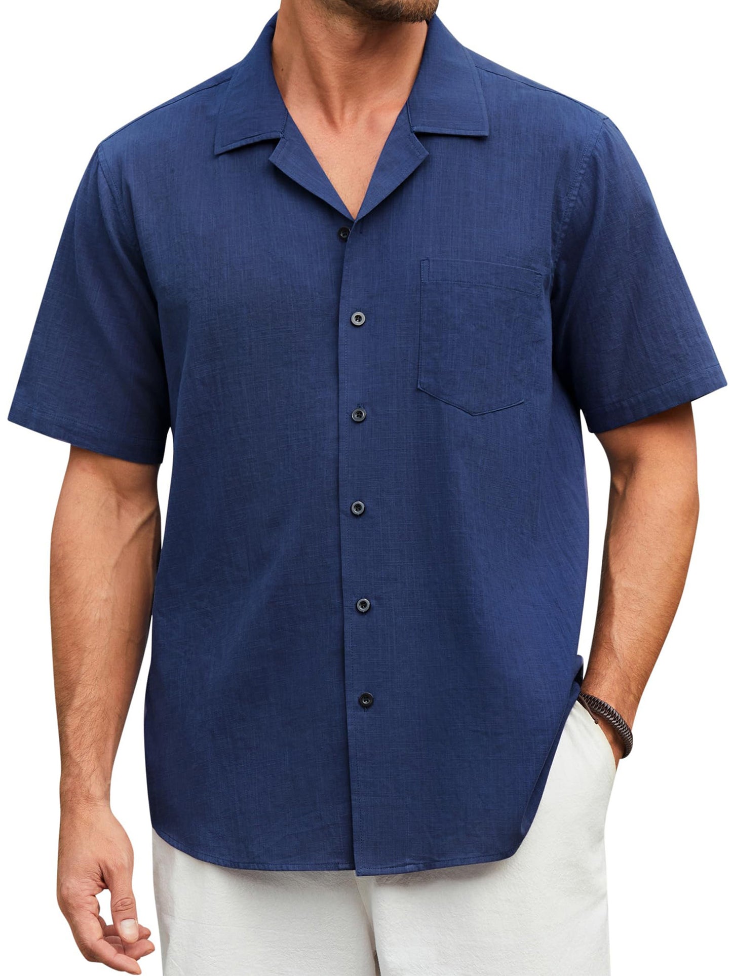 Men Linen Shirts Casual Short Sleeve Button Down Shirts Summer Beach Hawaiian Shirt with Pocket