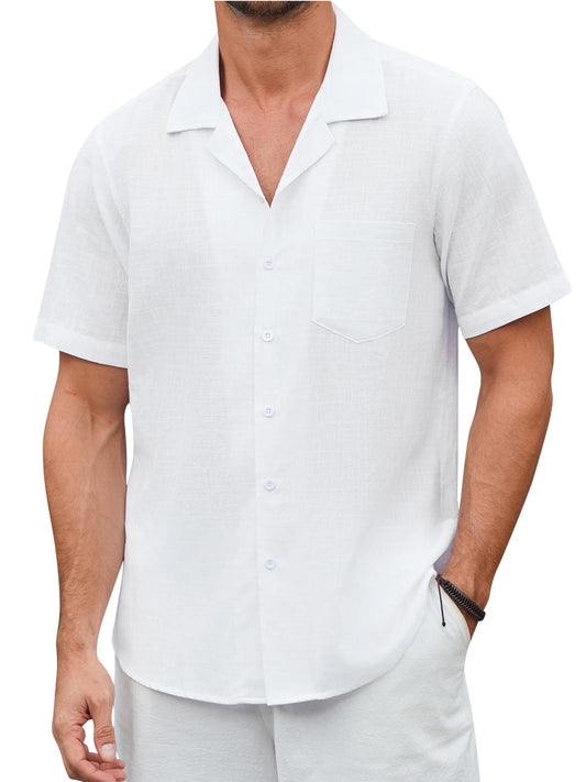 Men Linen Shirts Casual Short Sleeve Button Down Shirts Summer Beach Hawaiian Shirt with Pocket