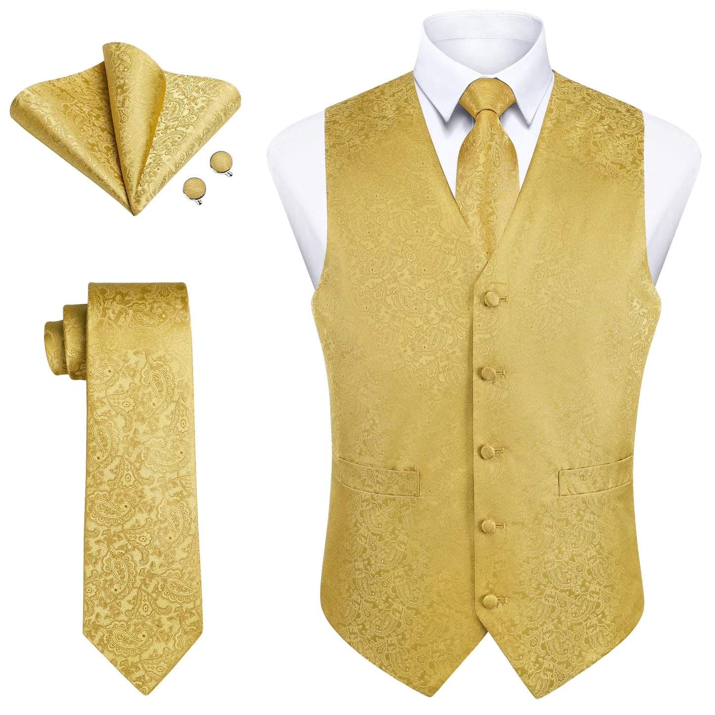 Men's Suit Vest Formal Red Paisley Jacquard Tie Pocket Square Cufflink ...
