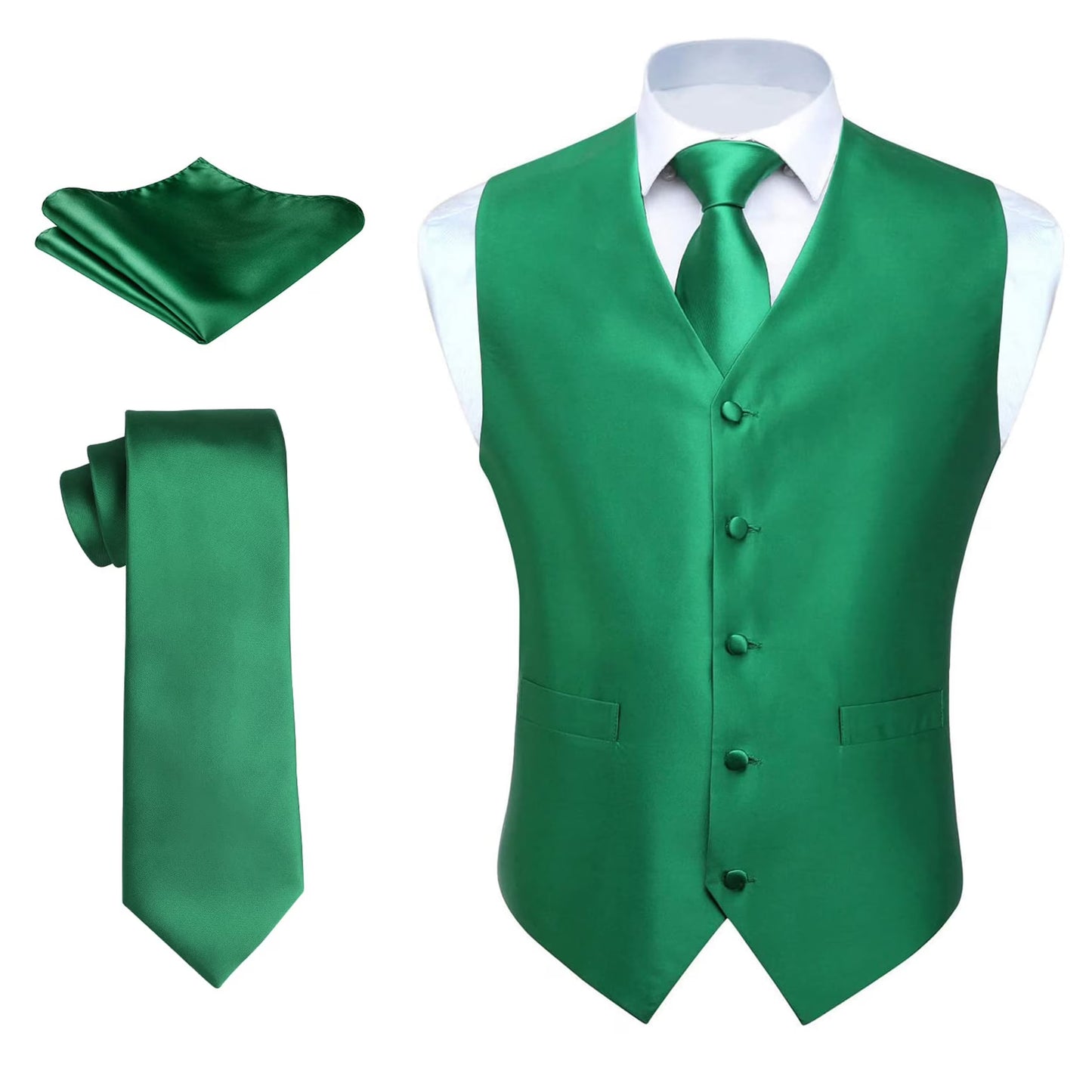 3PC Men's Solid Formal Suit Vest Waistcoat Tuxedo Dress Vest Necktie Handkerchief Set Suit Wedding