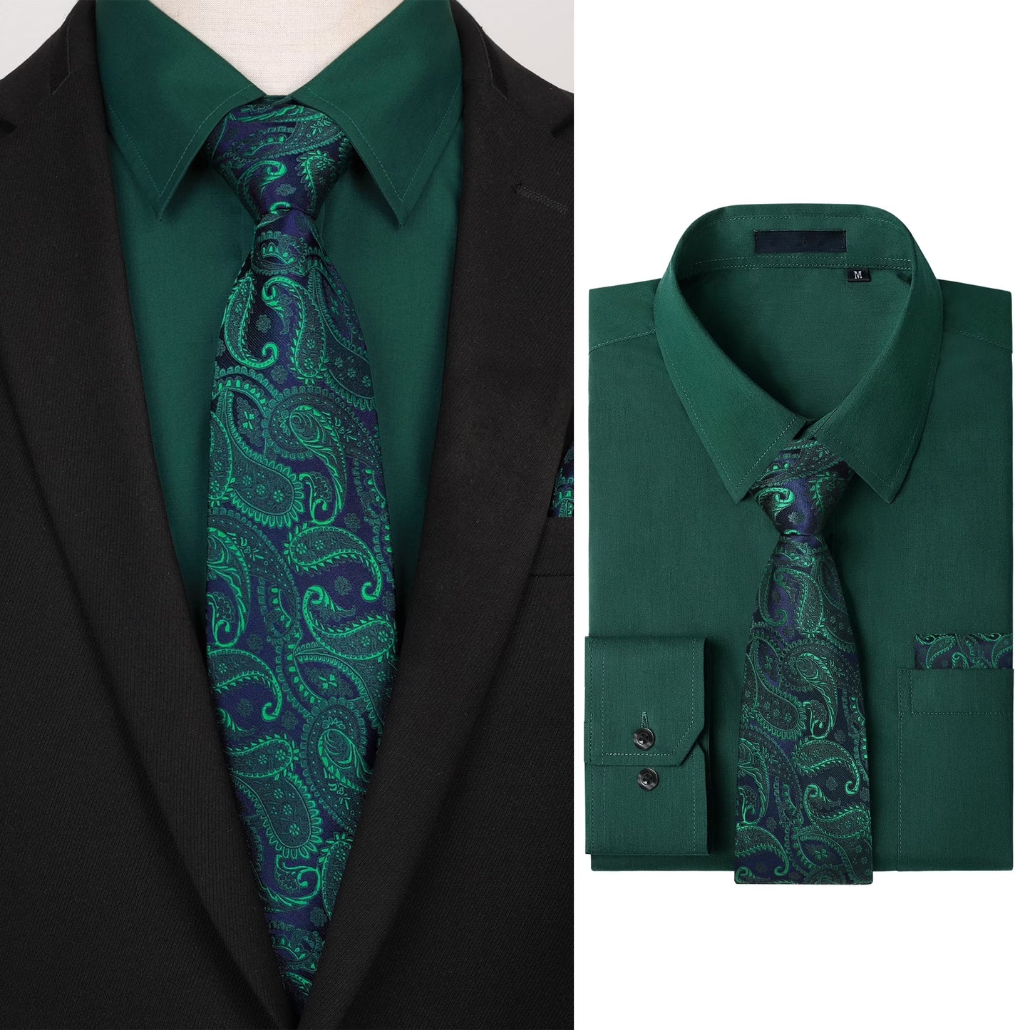 Men's Long Sleeve Dress Shirts Solid Color Button Down Shirts with Tie and Handkerchief Set Shirt