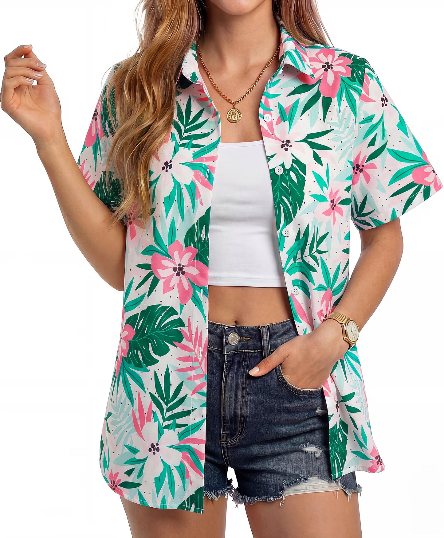 Sprinmer Hawaiian Shirts for Women Casual Short Sleeve Button Down Shirts Floral Aloha Beach Shirt